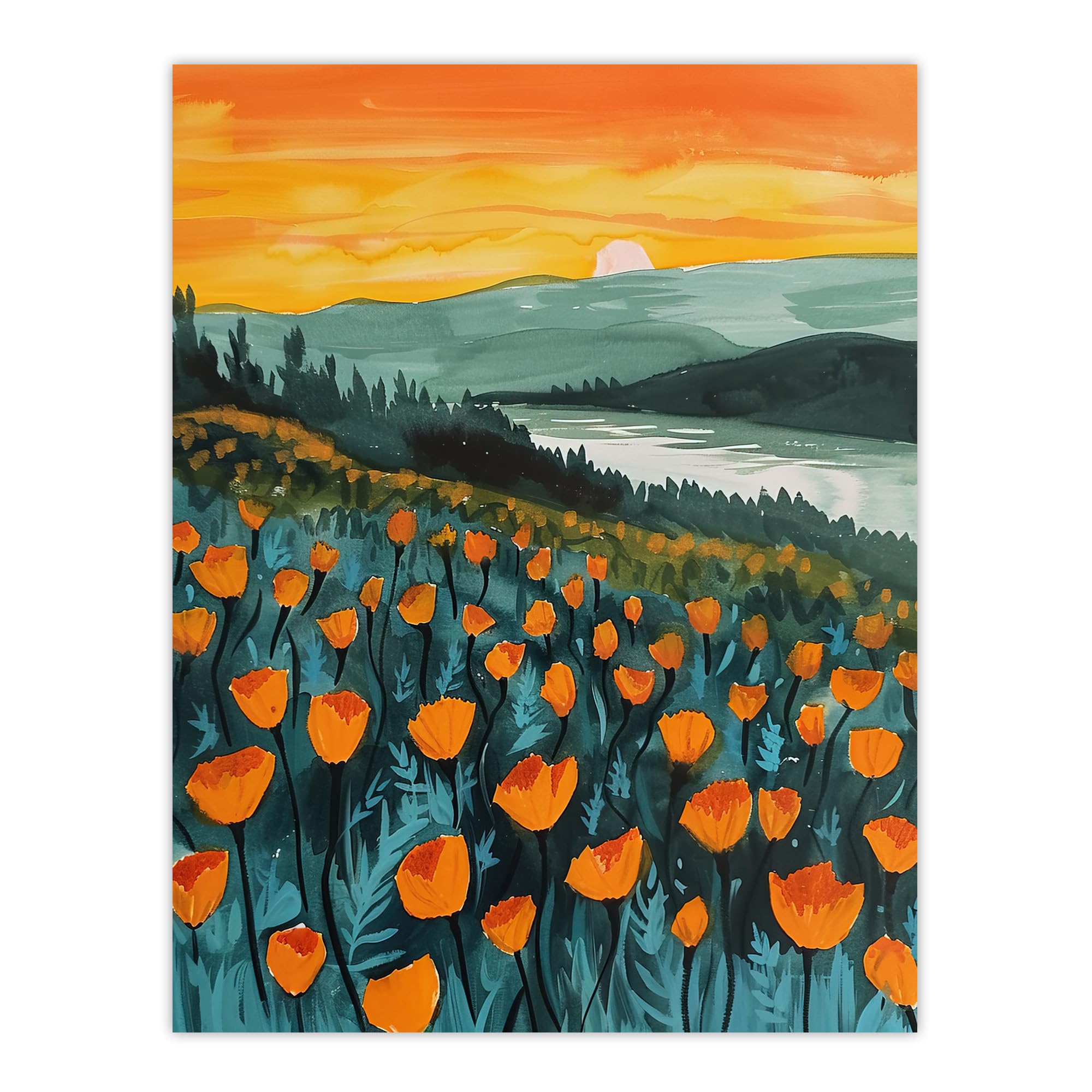 Artery8 Floral Shoreline California Poppies At Sunrise Living Room Large Wall Art Poster Print Thick Paper 18X24 Inch