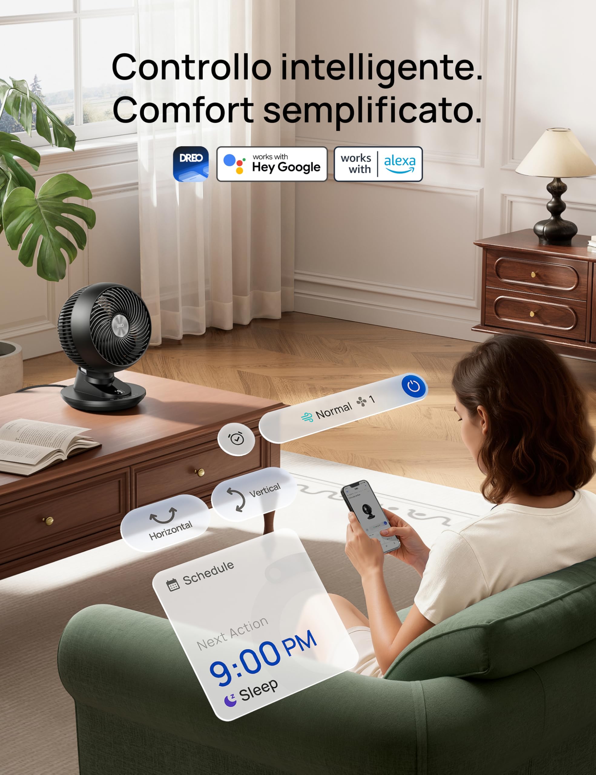 DREO ventilatore da tavolo intelligente 3D per camera, flusso d’aria potente 8,8 m/s, ultra silenzioso 22 dB, oscillazione 90°, controllo app e vocale, 9 velocità, timer 8/12 h per casa e ufficio.