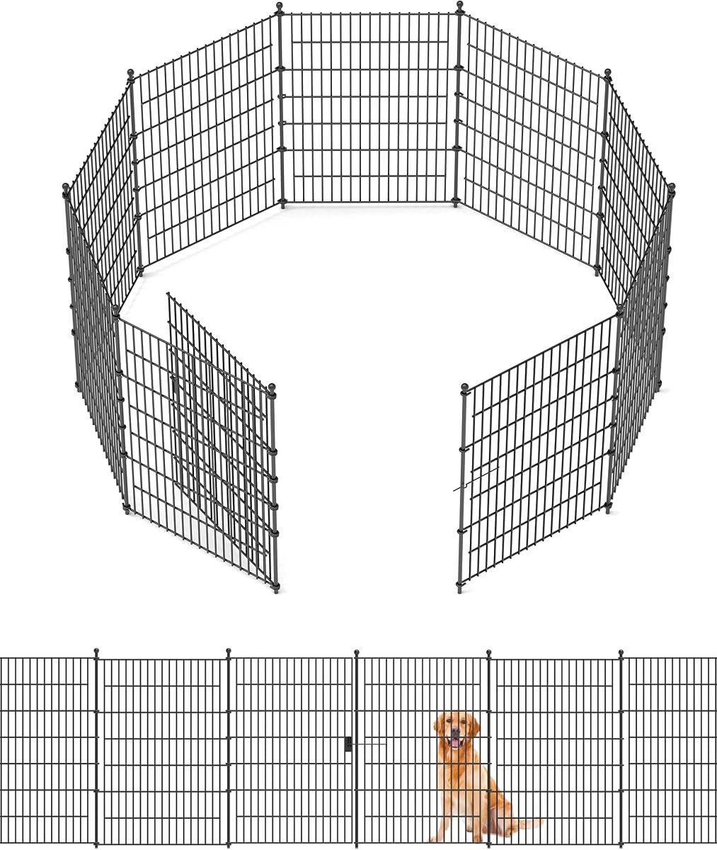 Barrera de animales para valla de jardín con puerta de 40 pulgadas de alto x 23 pies de largo | 10 paneles de alambre de Metal resistente, valla decorativa sin excavación, vallas altas de seguridad para perros al aire libre con estaca, bordes temporales para patio