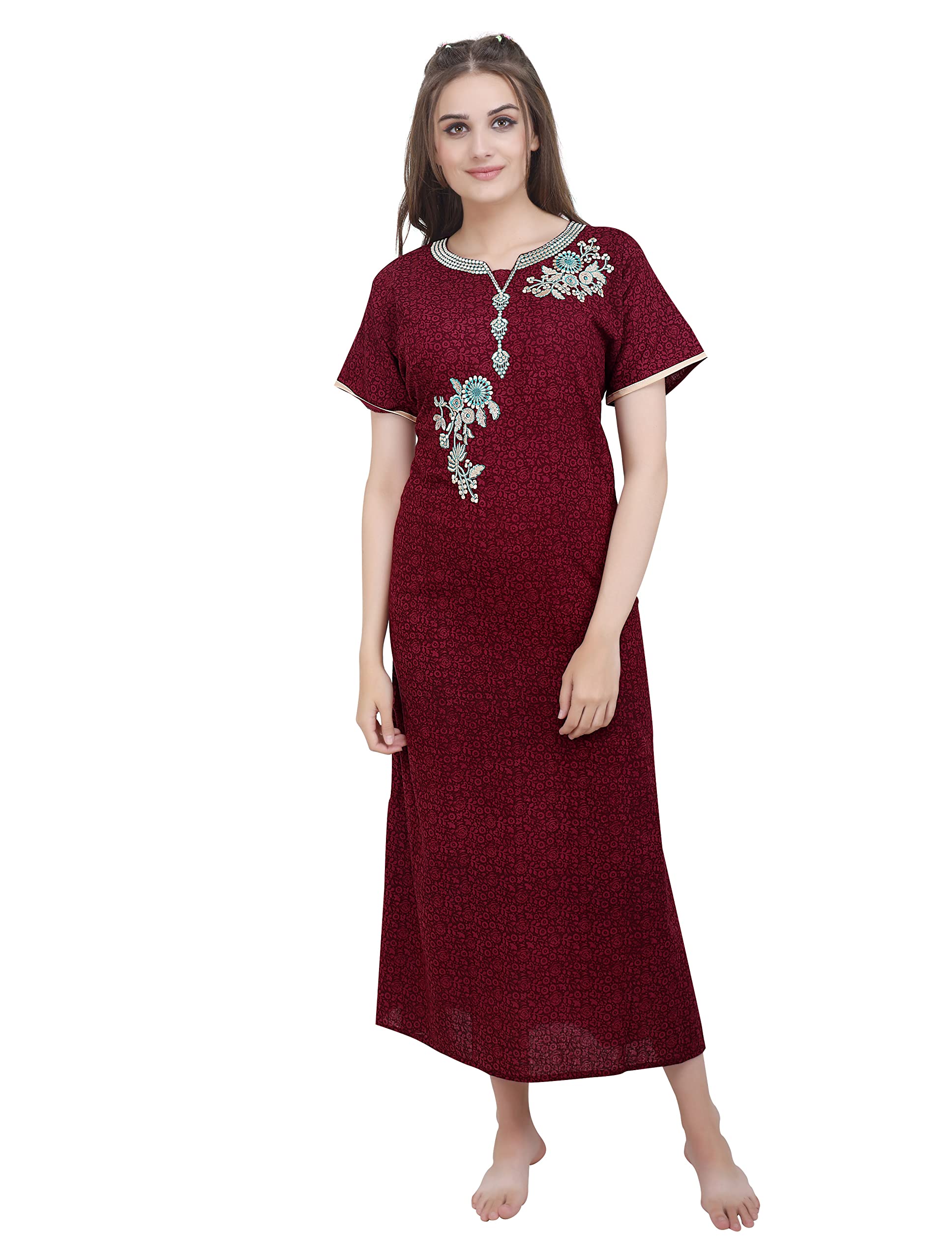Nighty BazaarPremium Indian Nighty for Women | 100% Cotton, Embroidery Design, Short Sleeve, Feeding & Maternity Friendly | Comfortable Summer Nightwear | Lady's Zip Nighties | Free Size (XXL) | Color: Maroon,