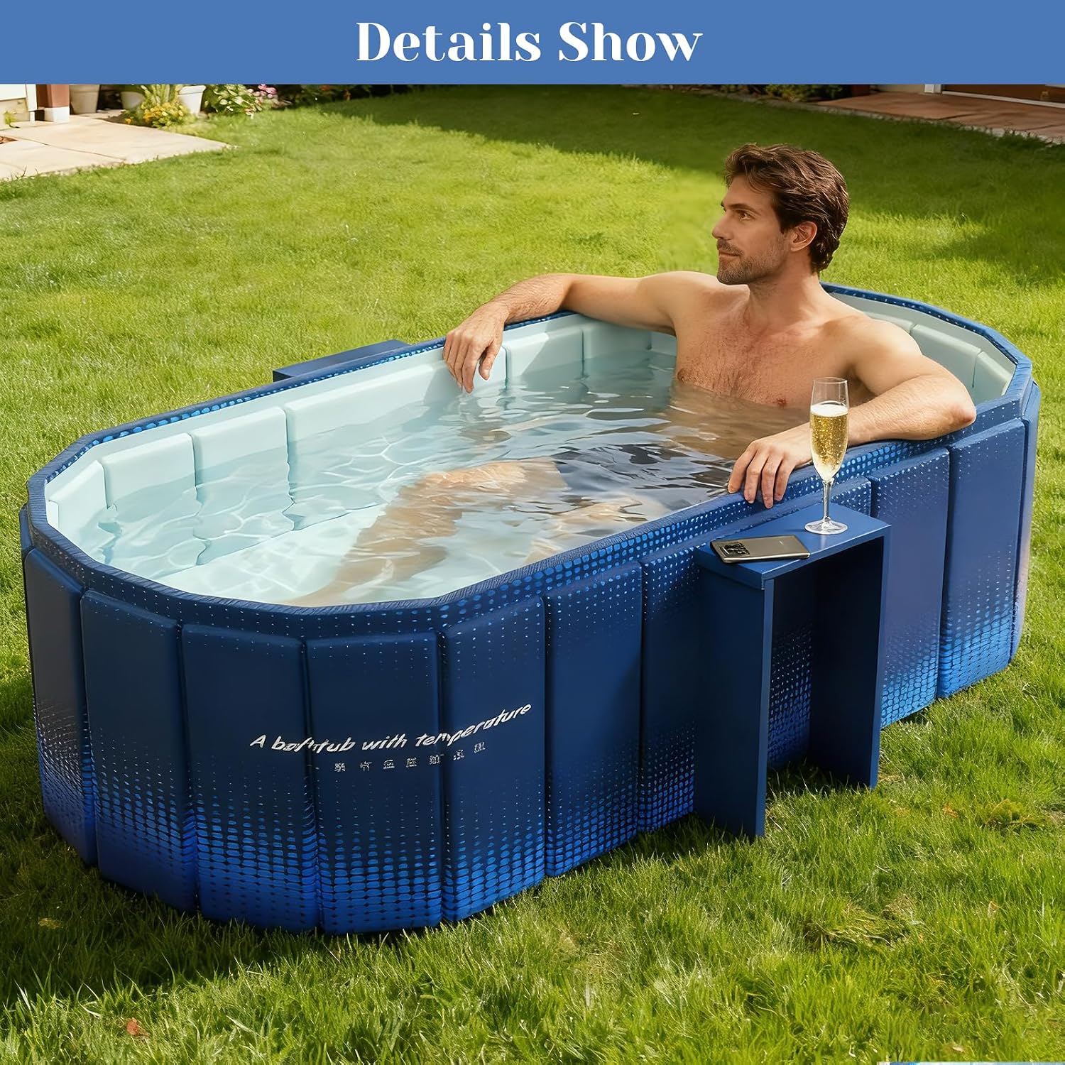 jessie 59" portable bathtub, foldable ice bath tub for adult, bathroom hot spa soaking cold plunge tub freestanding bathtub indoor outdoor yard (blue) blue xxl:59"×22"×20"