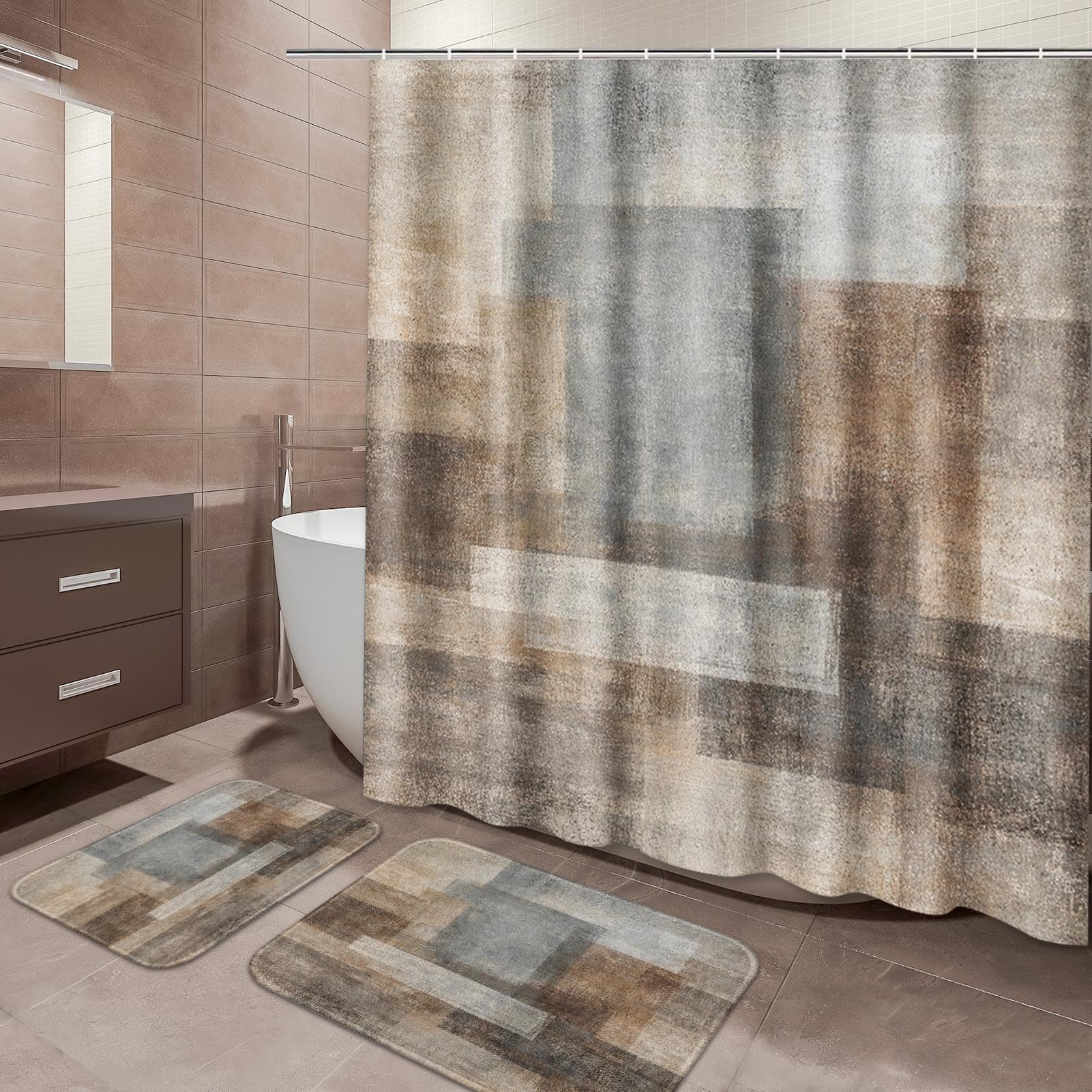 ArtSocket Brown Beige Bathroom Set with Shower Curtain and Rugs and Accessories, Brown Grey Abstract Shower Curtain Set, Modern Abstract Bathroom