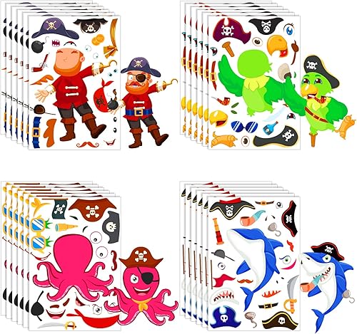 Konsait 24 hojas de calcomanías decorativas para niños, diseño de pirata, para mezclar y combinar con tiburón, loro Jake, capitán, regalos de fiesta