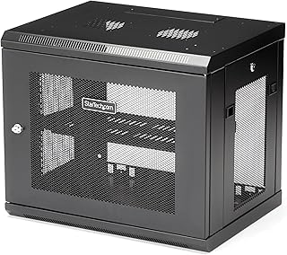 StarTech.com 2 Post 9U 19" Wall Mount Network Cabinet-Adjustable Depth 6-15"-Locking IT Switch Depth Enclosure-Vented Computer/Electronics Equipment Data Rack w/Shelf, Hook & Loop Tape (RK9WALM),Black