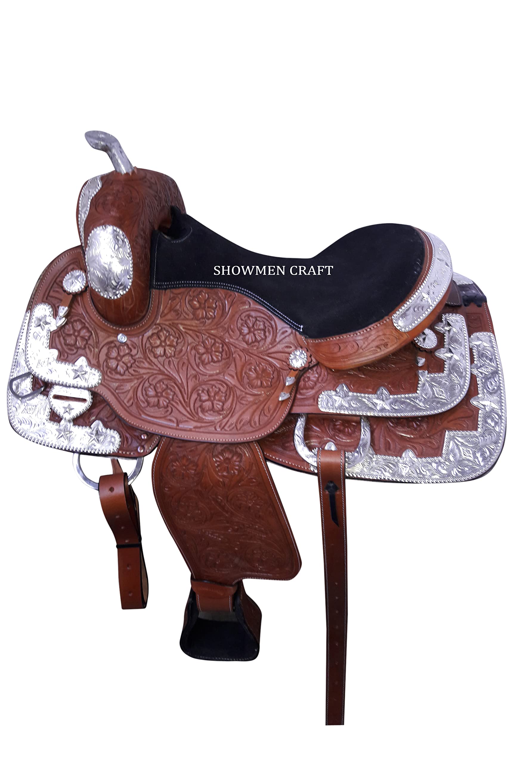 SHOWMEN CRAFT Western Saddle Fully Decorative Silver Show Outfit with Headstall & Breast Caller (15 Inch)