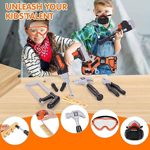 Miniatura 6 de Juego de herramientas para niños 48 piezas de juguetes para niños pequeños con taladro de juguete electrónico, bolsa de herramientas, cinturón de