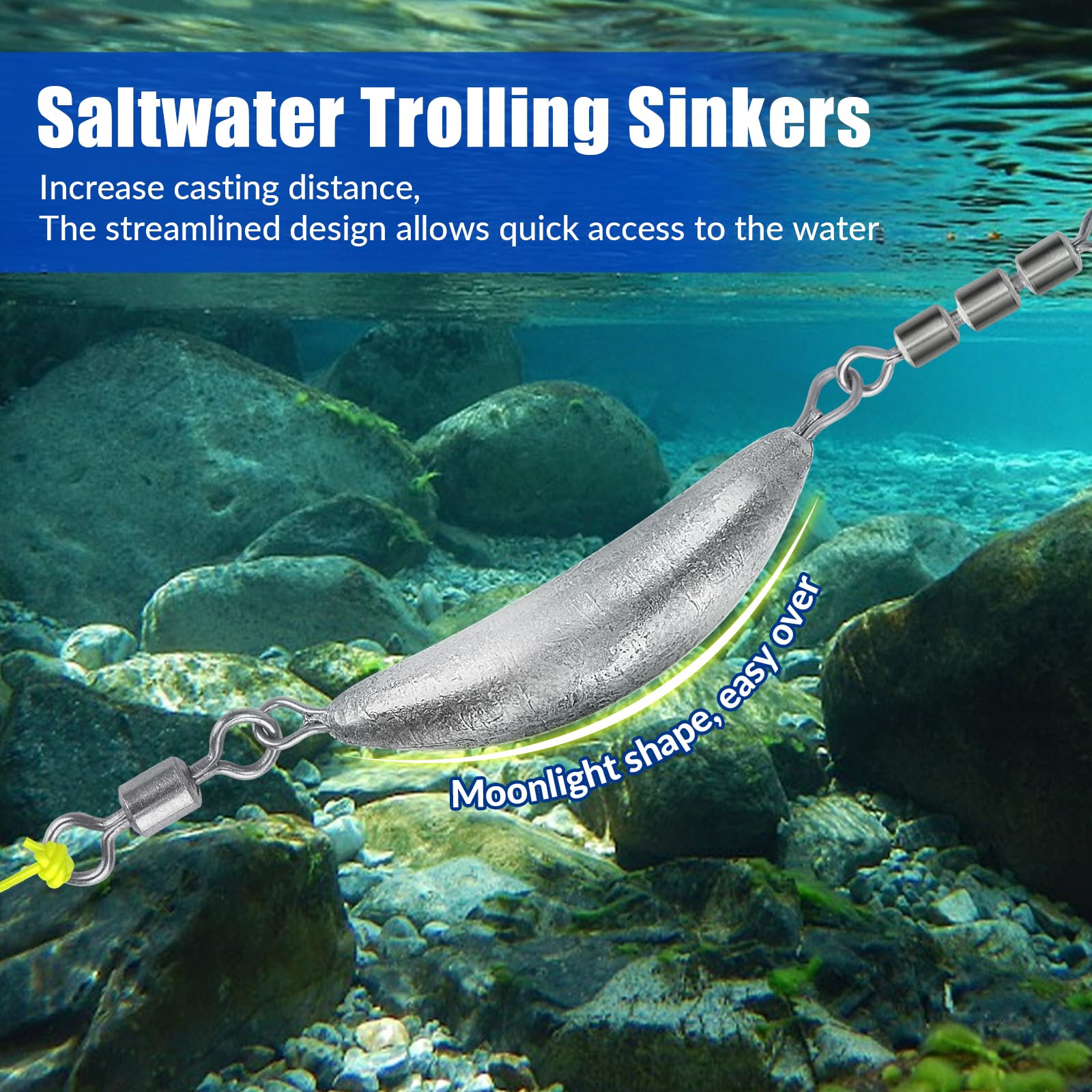 THKFISH Plomo giratorio de pesca, plomos de media luna con 3 rodillos giratorios, plomos de pesca, juego de pesas de pesca en línea, plomos de torpedo, agua dulce salada, 1/2-6 onzas, plateado