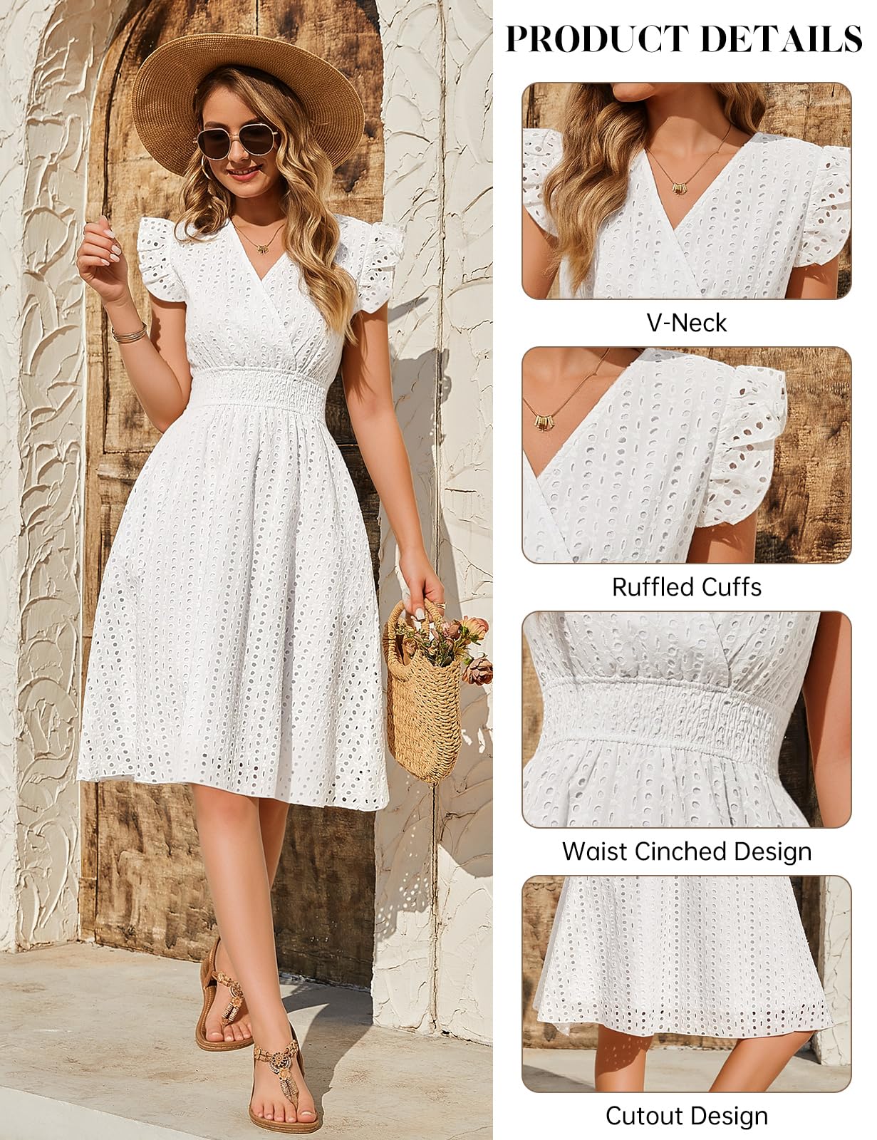 Vestidos Verano Mujer Sin Mangas Vestidos Corto Cuello en V Algodón Elegante Dress de Manga con Volantes Cintura Alta Elástica Mini Vestido de Playa Sueltos Casual con Bolsillos
