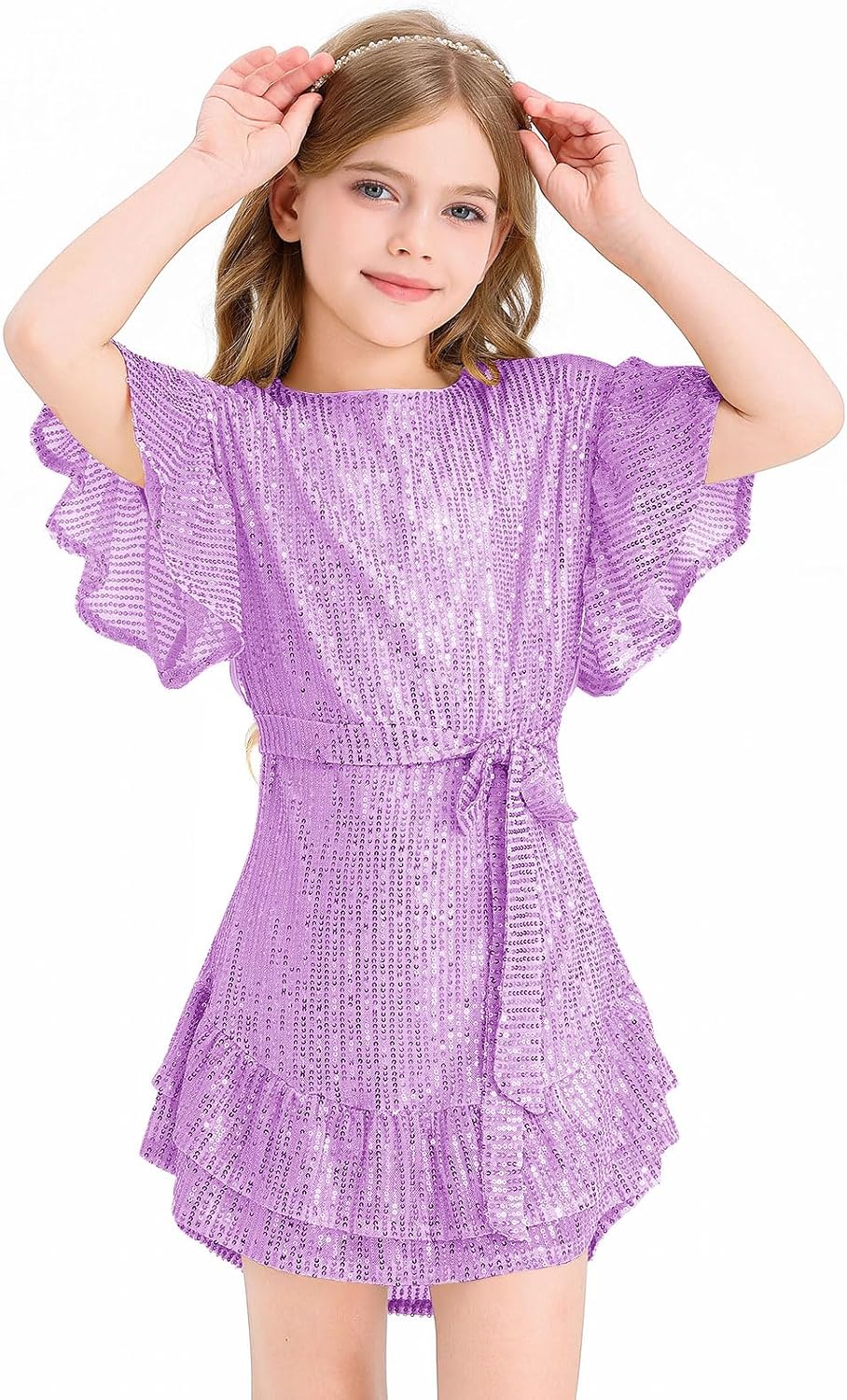 Batermoon Girls' Sequin Dress Crew Neck Bat Sleeve Ruffle Party Wedding Flower Dress with Belt for 5-14 Years