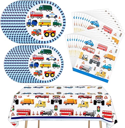 Carros de tráfico, camiones, suministros de fiesta, platos de papel, servilletas, mantel de transporte, juego de vajilla temática de vehículos de