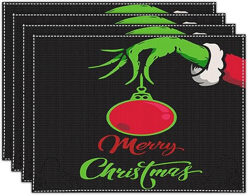 Manteles individuales de lino con texto en inglés "Merry Christmas" para mesa de comedor, 16.5 x 12.5 pulgadas, juego de 4 manteles individuales de