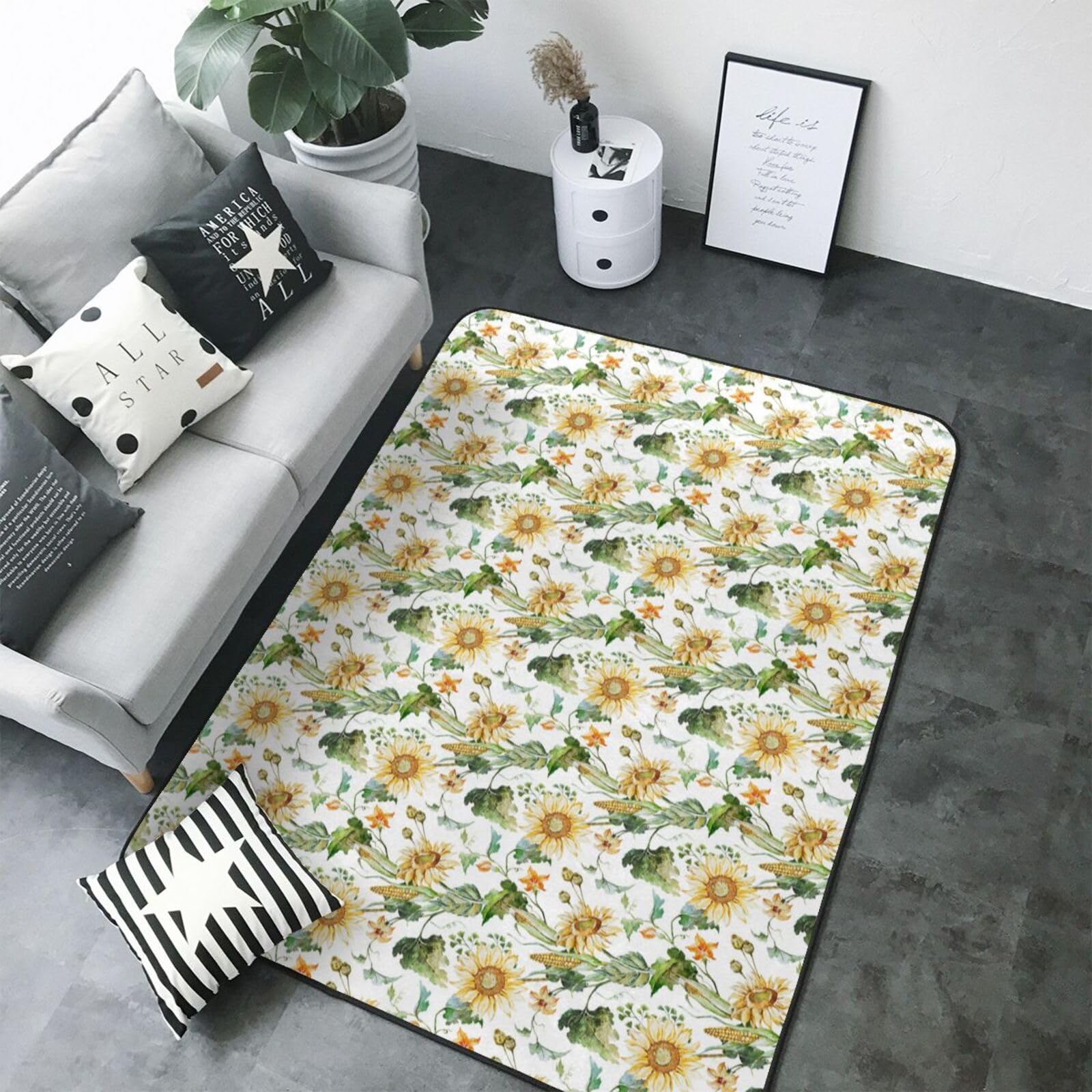 Tapis lavable antidérapant grand format tournesol vif pour salon et chambre