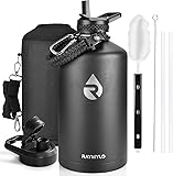 One Gallon Water Bottle Insulated, Triple Walled Vacuum Stainless Steel (Cold for 48 Hrs), Leak Proof & Non-BPA, Large Water Flask Jug with Paracord Handle & Straw Spout Lids 128 Ounces Magic Black