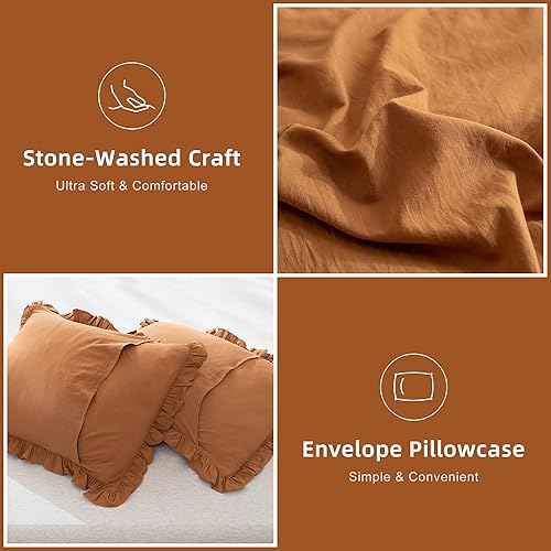 Miniatura 4 de QSH Juego de edredón con volantes, tamaño King, juego de edredón de calabaza de granja, 3 piezas, juego de ropa de cama vintage desgastado, ultra