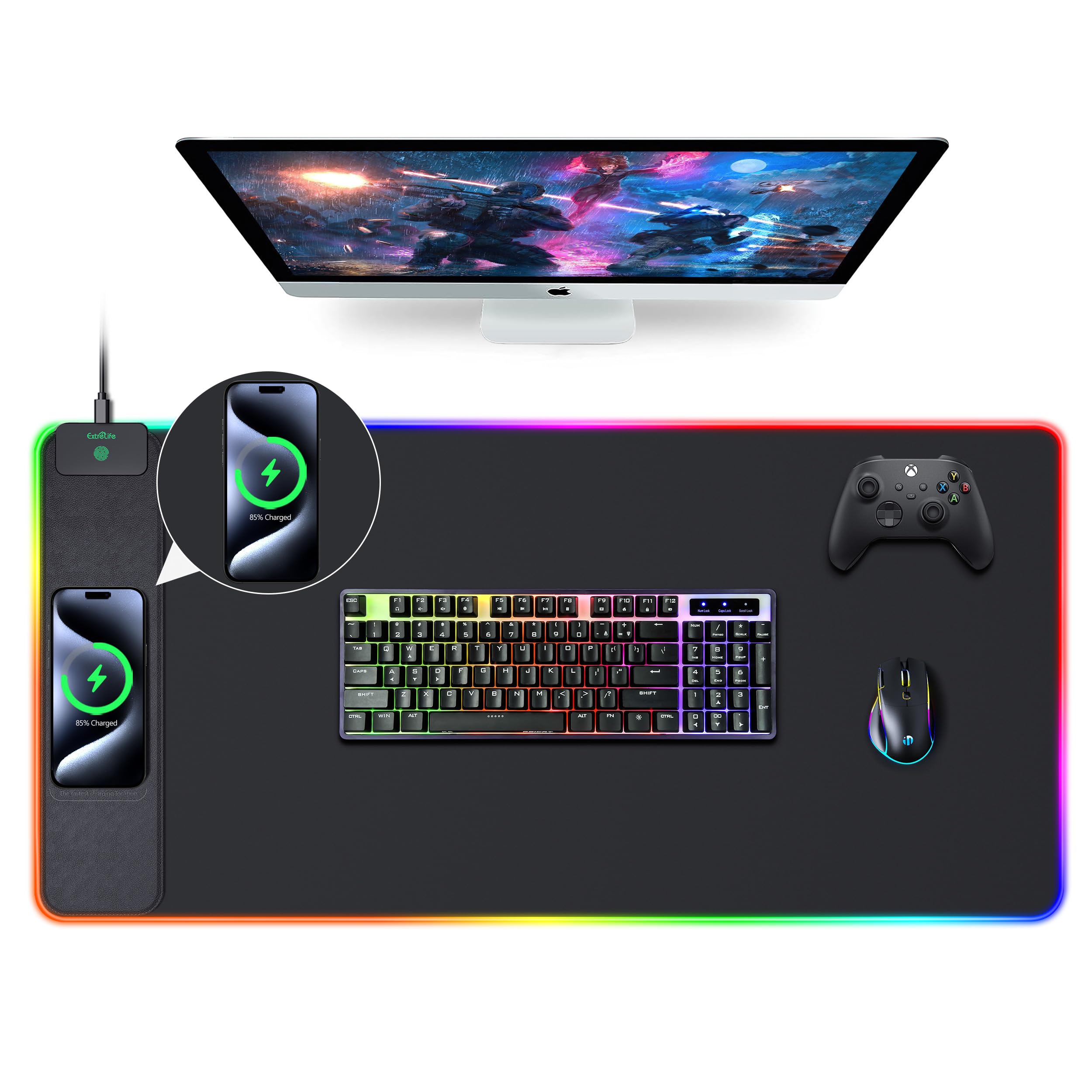Tappetino per mouse con ricarica wireless, tappetino da scrivania da gioco RGB, 80 x 40 cm, grande, XXL, 15 modalità di illuminazione, superficie ultra liscia, tappetino per mouse antiscivolo