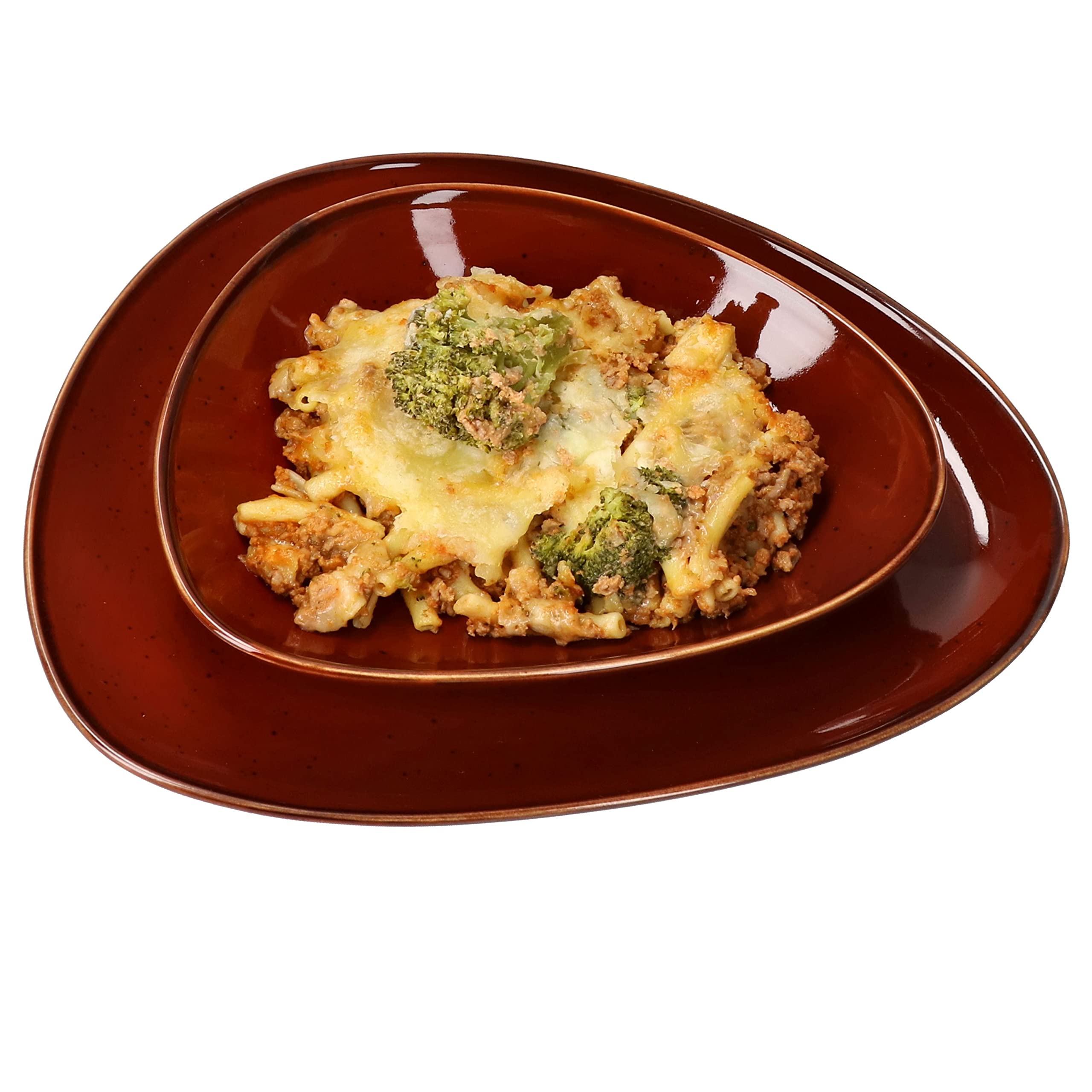 MamboCat 8tlg. Tafel-Service Marron Taste für 4 Personen I kastanienfarbenes Porzellan-Geschirr I jedes Teil EIN Unikat I 4X Suppenteller 400 ml + 4X Speiseteller flach I gerundete organische Form
