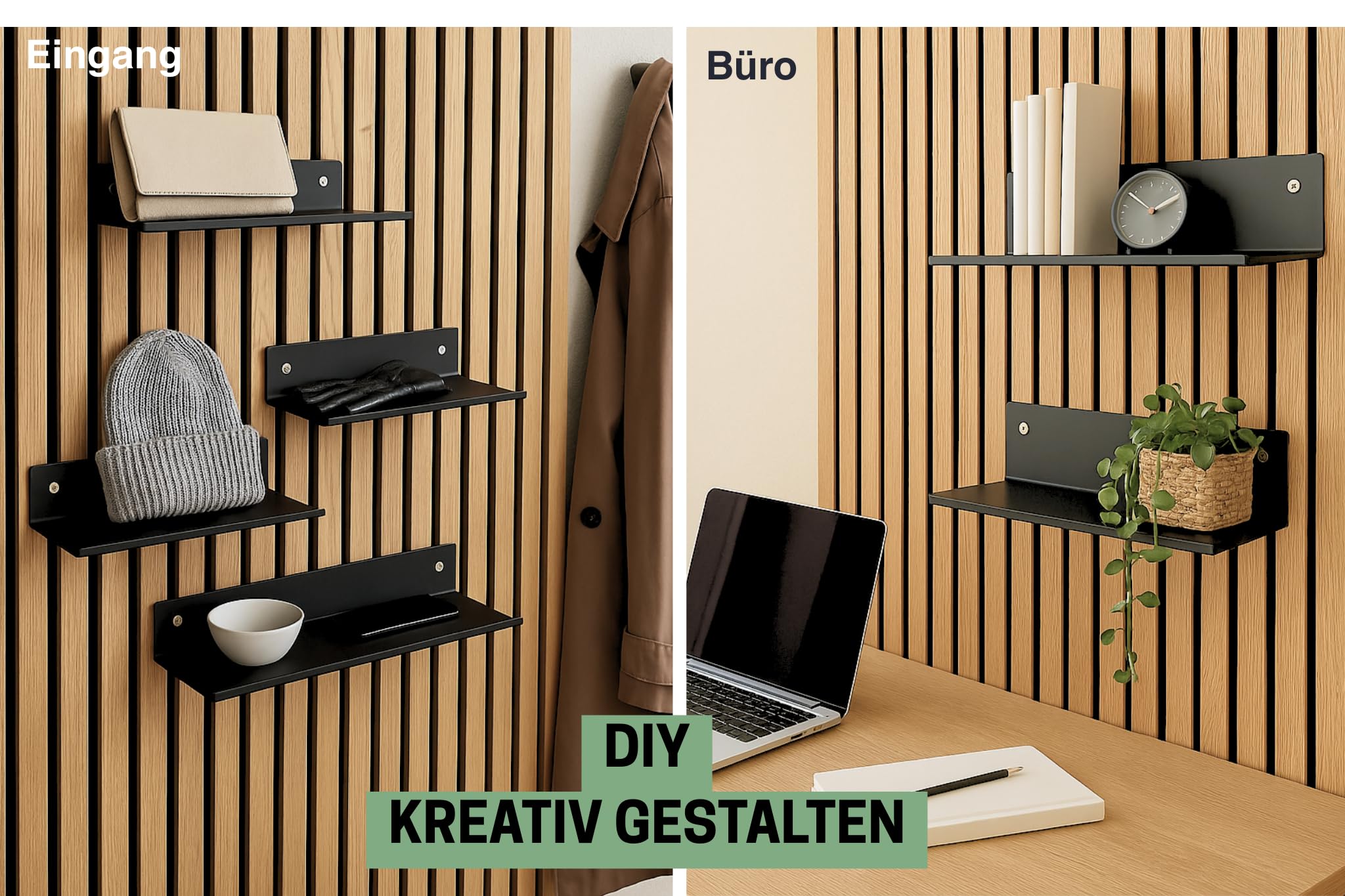 Steinmine - Designmanufaktur Wandregal Metall schwarz matt – Metallverschraubung - kein Bohren – Zubehör für Akustikpaneele (44cm x 13cm)