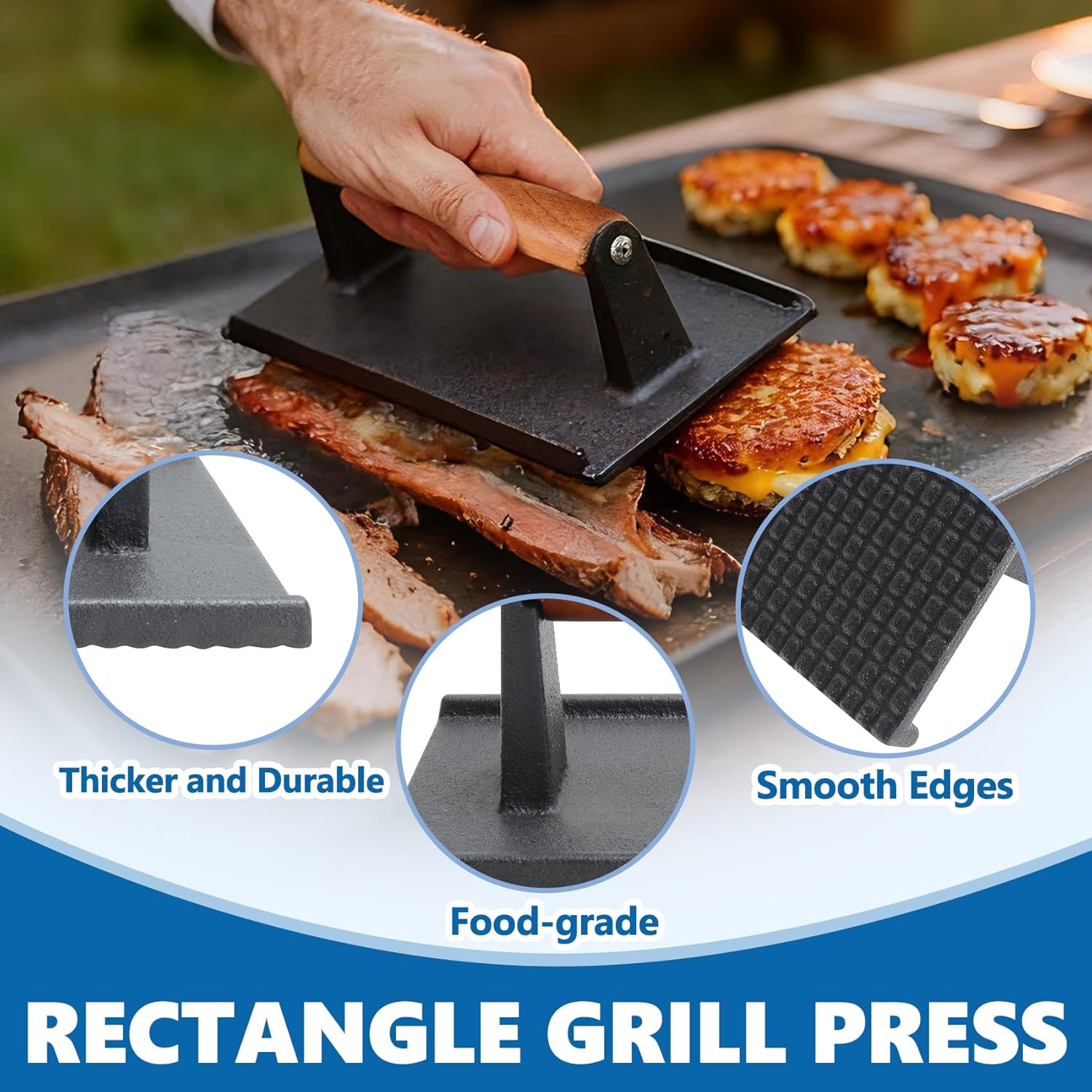 SafBbcue 10" Square Bacon Press & Rectangle Meat Press, Heavy Duty Cast Iron Griddle Press Smash Burger Press Compatible with Blackstone Flat Top Griddle Grills, Hamburger Smasher Tool Patty Maker