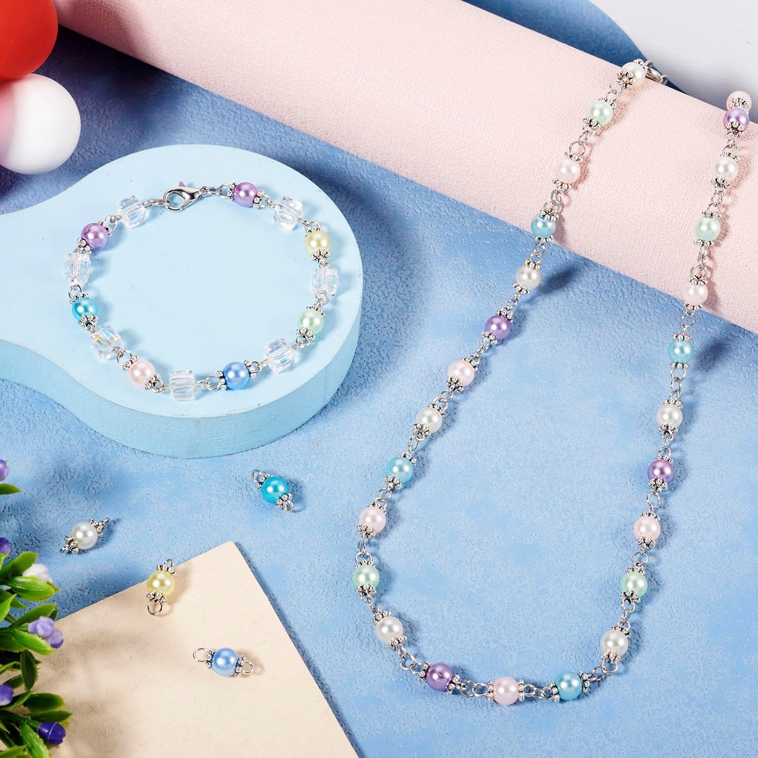 Pandahall 90Pcs Round Pearl Links Connectors 9 Colors Pearlized Glass Bead Connectors Pearl Bead Dangle Charms with Double Loop for for Jewelry Necklace Bracelet Making Craft - Image 3