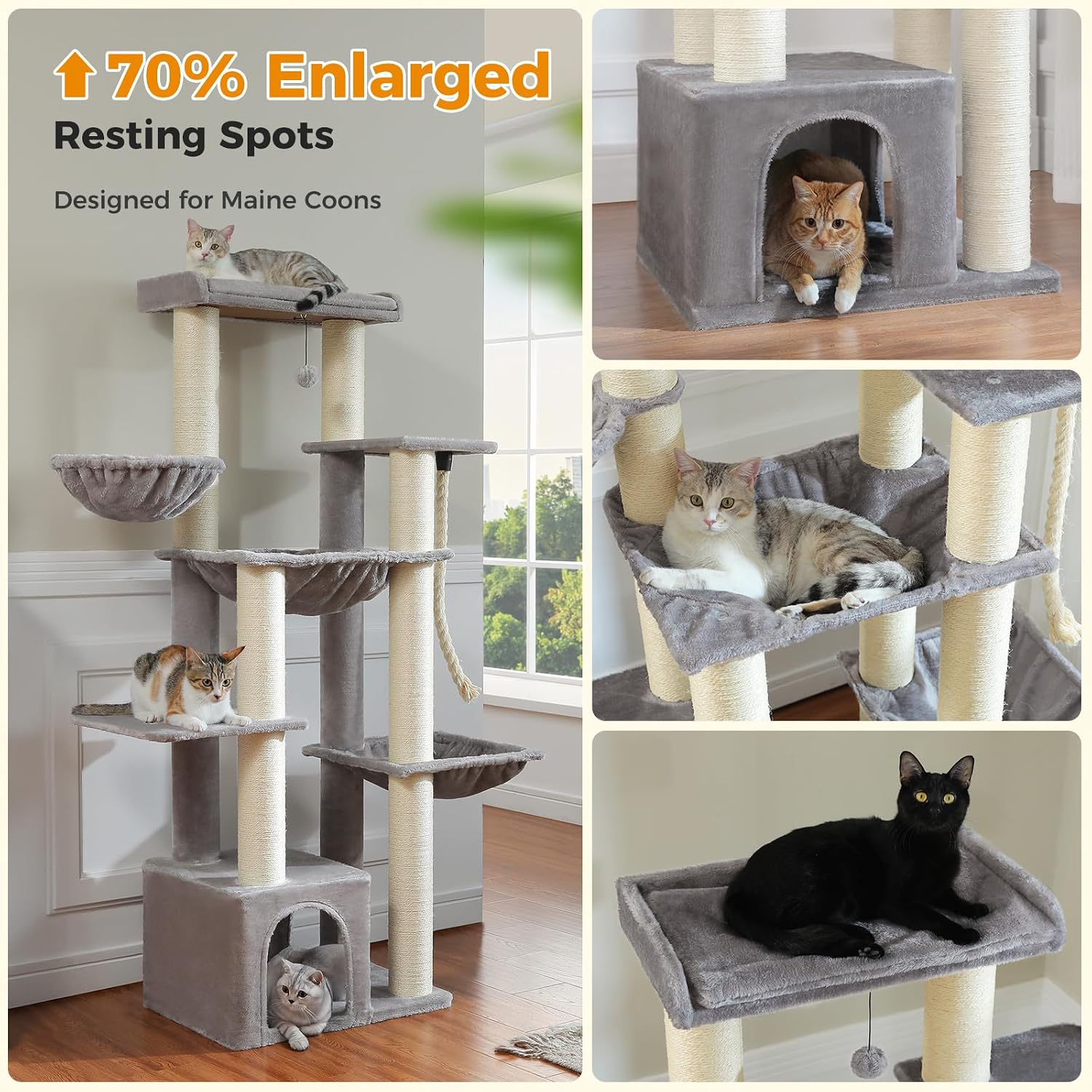 67" Heavy Duty Cat Tree for Indoor Cats Large Adult, XXL Cat Tower with 8 Thick Scratching Posts (φ4.3), Large Perch, Spacious Condo & Big Hammock - for Maine Coon up to 20 lbs, Grey