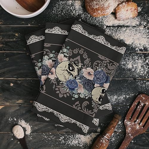 Miniatura 2 de Juego de 2 toallas de cocina y paños de cocina, diseño floral de Halloween con textura de calavera negra de 18 x 28 pulgadas, toallas de mano