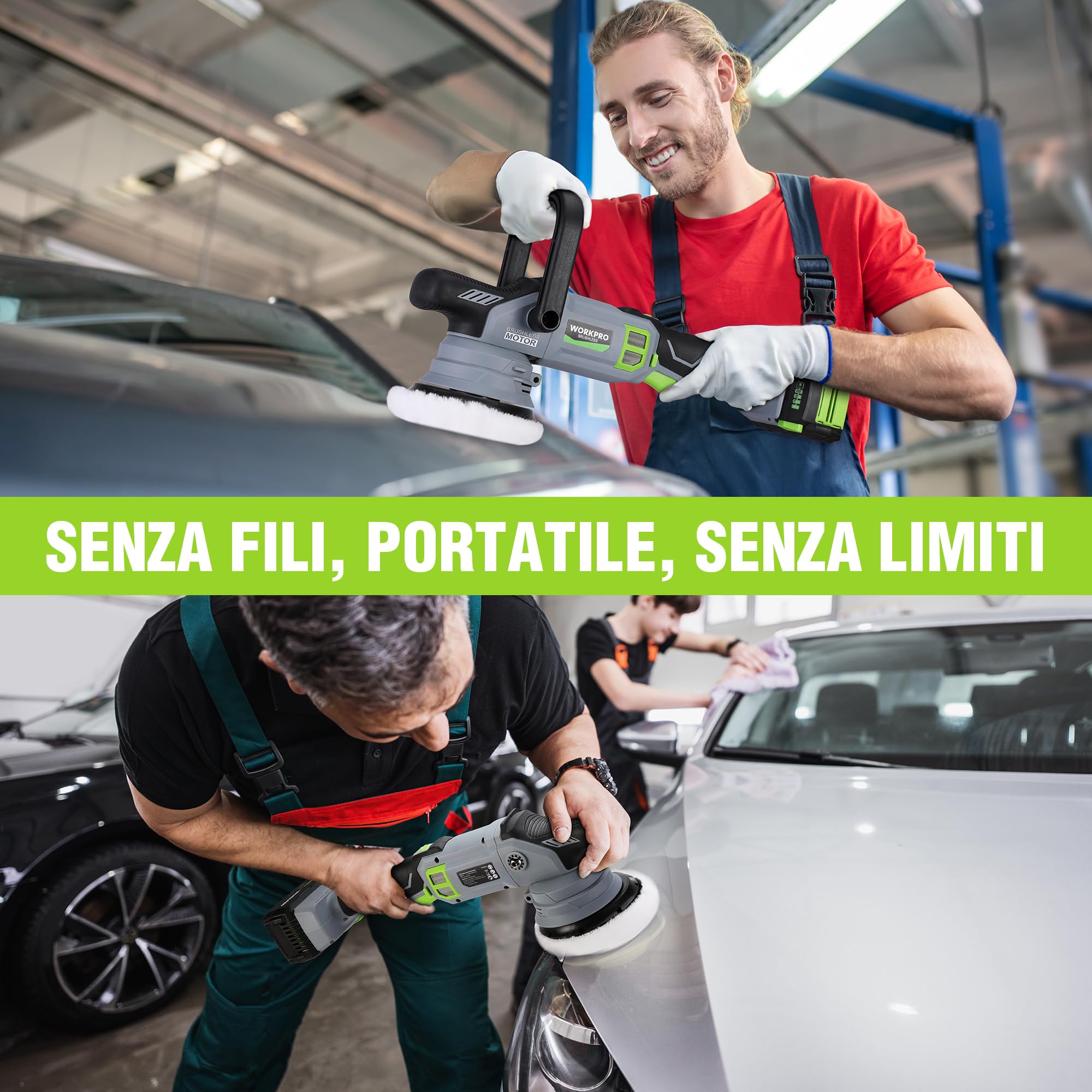 WORKPRO Lucidatrice per Auto 20V, Lucidatrice Orbitale a Doppia Azione, 7 Velocità (2000-5000 Giri/Min), Impugnatura a D Rimovibile, con Borsa, per Lucidare Auto, Pavimenti, Piastrelle, Mobili
