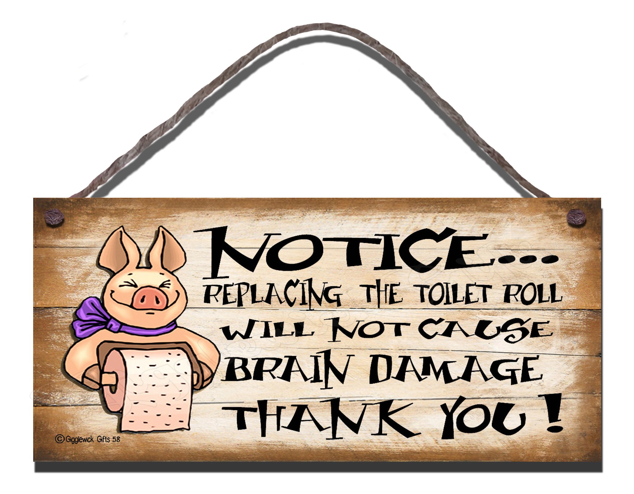 Gigglewick Gifts Beige|Orange Shabby Chic Birthday Occasion Wooden Funny Sign Wall Plaque. Notice Replacing The Toilet Roll Will Not Cause Brain Damage.