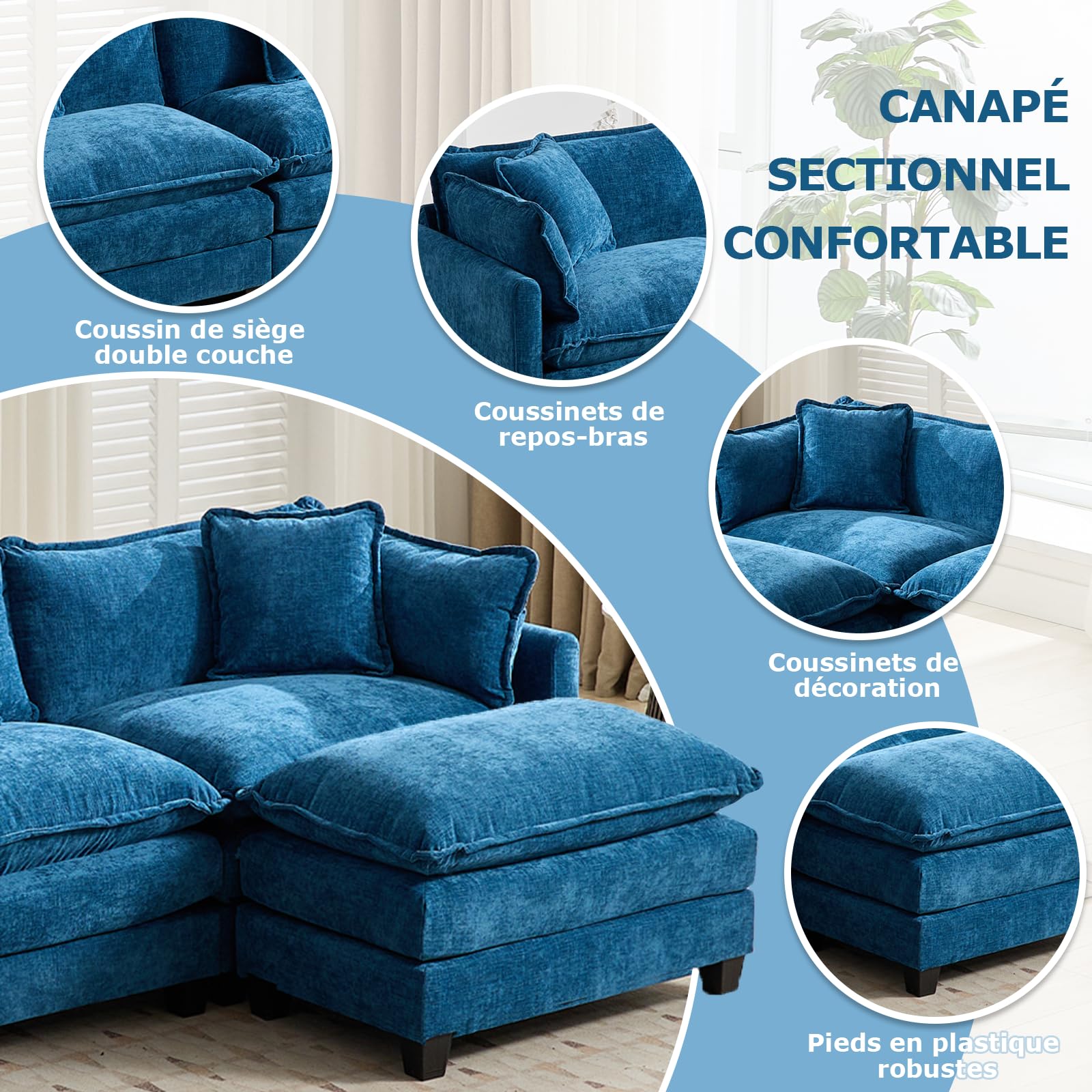 SoarFlash Canapé modulable 2 Places 198 cm, Chenille Bleue, Double Coussins | Tissu doux, résistant et respirant, fourni avec coussins et accoudoirs. Idéal pour salon, chambre et appartement.