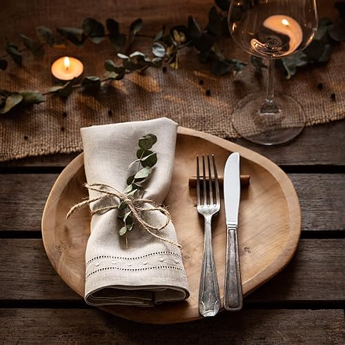 Miniatura 7 de Juego de 4 servilletas de lino 100% lino puro bordado natural de 18 x 18 pulgadas, servilletas clásicas de tela con vainica, lavables para otoño,