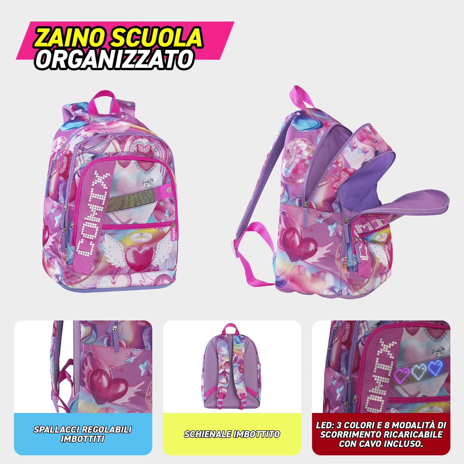 COMIX - Zaino Scuola Media, Superiore, 3 Vani con Alloggio Porta PC, Maxi Tasca Frontale, Schienale Imbottito e Rinforzato, Spallacci Imbottiti e Regolabili, Retro Antiscivolo, 32x42Hx19,5 cm