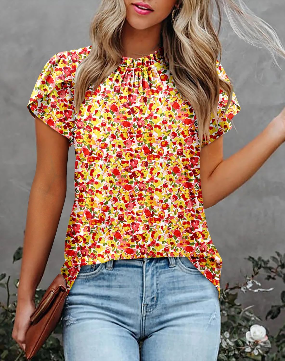 CHICZONE Women's Mock Neck Casual Summer Tops Ruffle Short Sleeve Keyhole Back Boho Blouses - Image 2