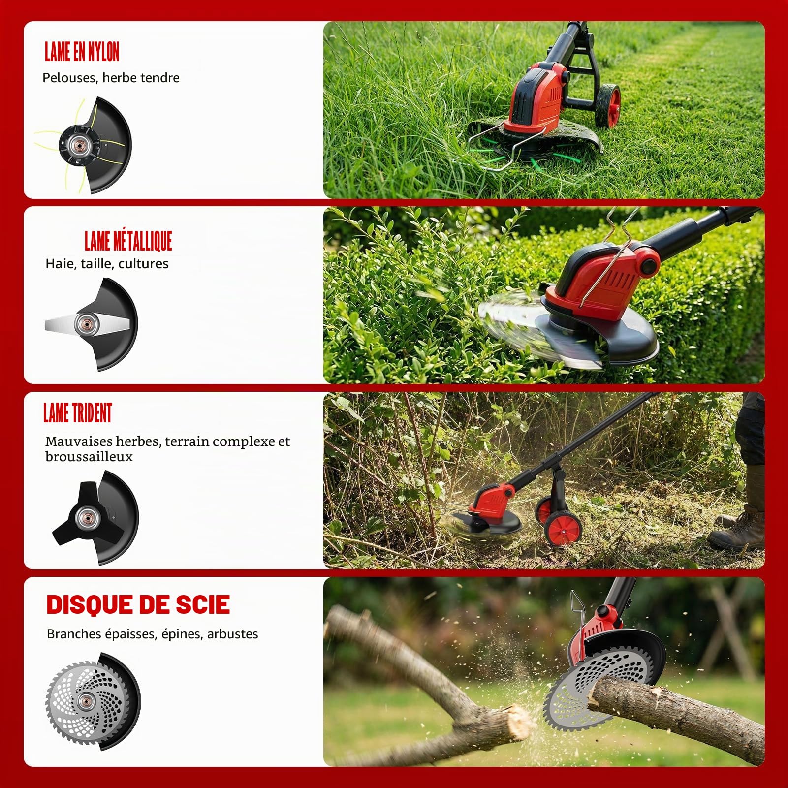 Débroussailleuse à Batterie 12 Pouces avec Roue, 20000 TR/Min, Coupe Bordure sans Fil avec 2 Batterie 3.0Ah, 4 Types De Lames, Moteur sans Balais, Poignée Réglable pour Jardin, Pelouse