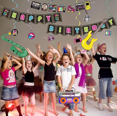 Miniatura 6 de Decoraciones de fiesta de los años 80 incluye pancarta de feliz cumpleaños, caja de pluma inflable, guitarra, micrófono, saxofón, banderines de
