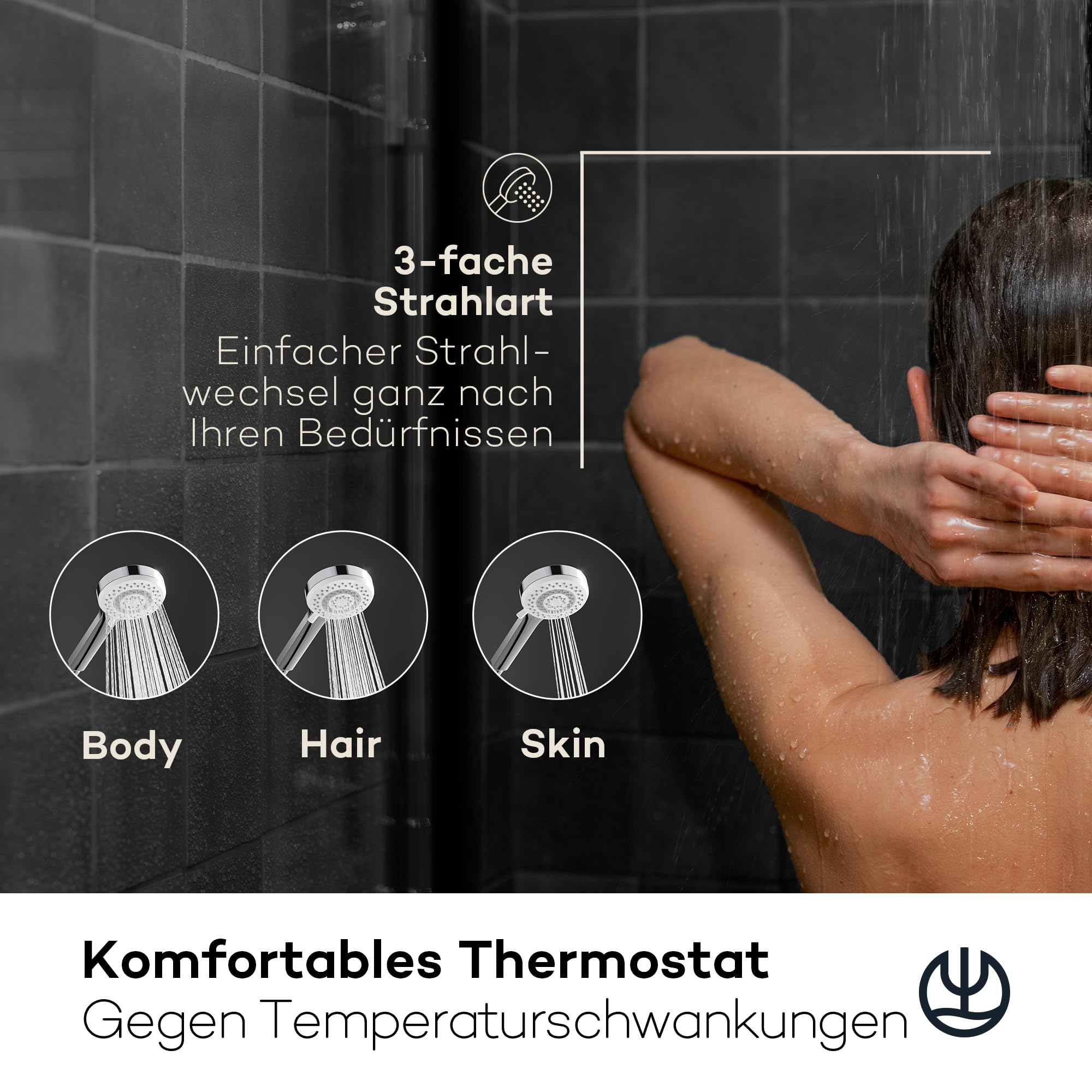 KLUDI -X3 system prysznicowy z termostatem, deszczownicą (20 cm), kompletny zestaw z armaturą prysznicową, słuchawką prysznicową z wężem, słuchawką prysznicową i drążkiem prysznicowym, głowica