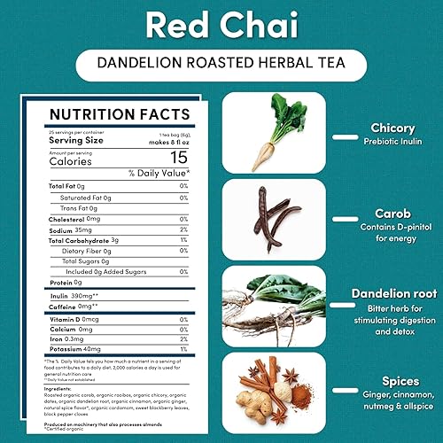 Miniatura 2 de Teeccino Té Chai rojo de diente de león, 25 bolsas de té, sin cafeína, té de hierbas tostadas con prebióticos, 3 veces más hierbas que las bolsas de