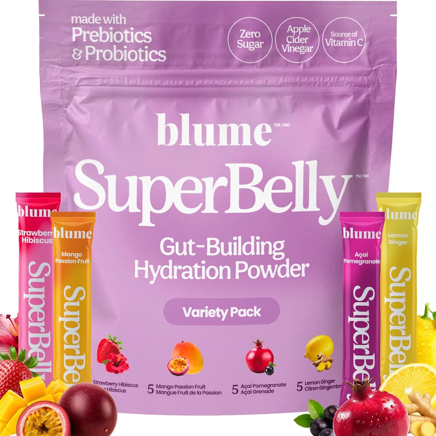 Blume SuperBelly Gut Health + Hydration, Daily Sugar Free Probiotics, Prebiotic Fiber, and Electrolytes Powder Packets for Digestion Support, Variety Pack—Strawberry, Açai, Mango, Lemon, 20 Sticks