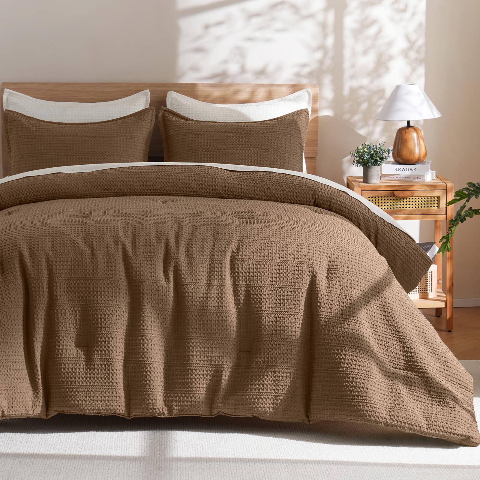phf soft waffle comforter set king size- comfy breathable waffle weave comforter with 2 pillow shams, 3 pieces less snagging lightweight textured bedding set for all season, mocha/cocoa brown
