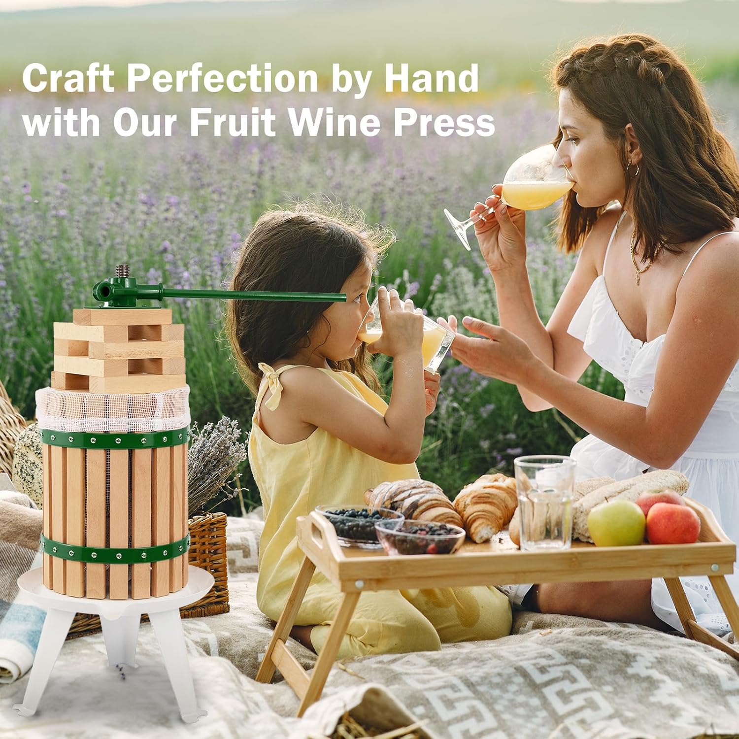 CAELUM Fruit Wine Press 4.75 Gallon, Apple & Grape & Berries Crusher Manual Juicer, 18 Liter Solid Wood Basket with 8 Blocks, Heavy Duty Cider Wine Making Press for Kitchen（Green）