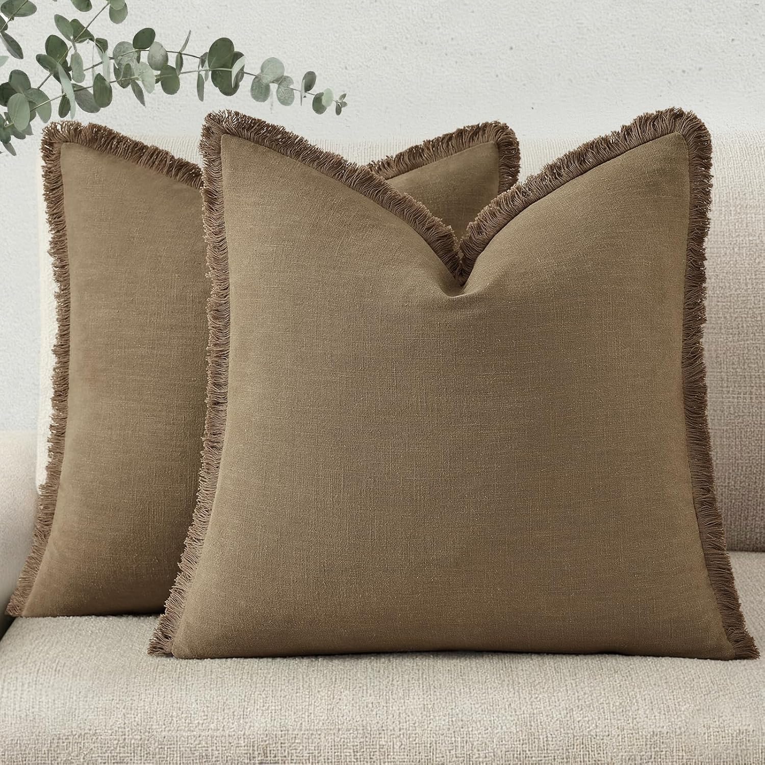 decorUhome Summer Decorative Neutral Linen Fringe Euro Sham Throw Pillow Covers Set of 2 Light Brown Pillow Covers with Tassels Soft Farmhouse Boho Accent Pillow Cases for Couch Bed Sofa 24x24 Inch