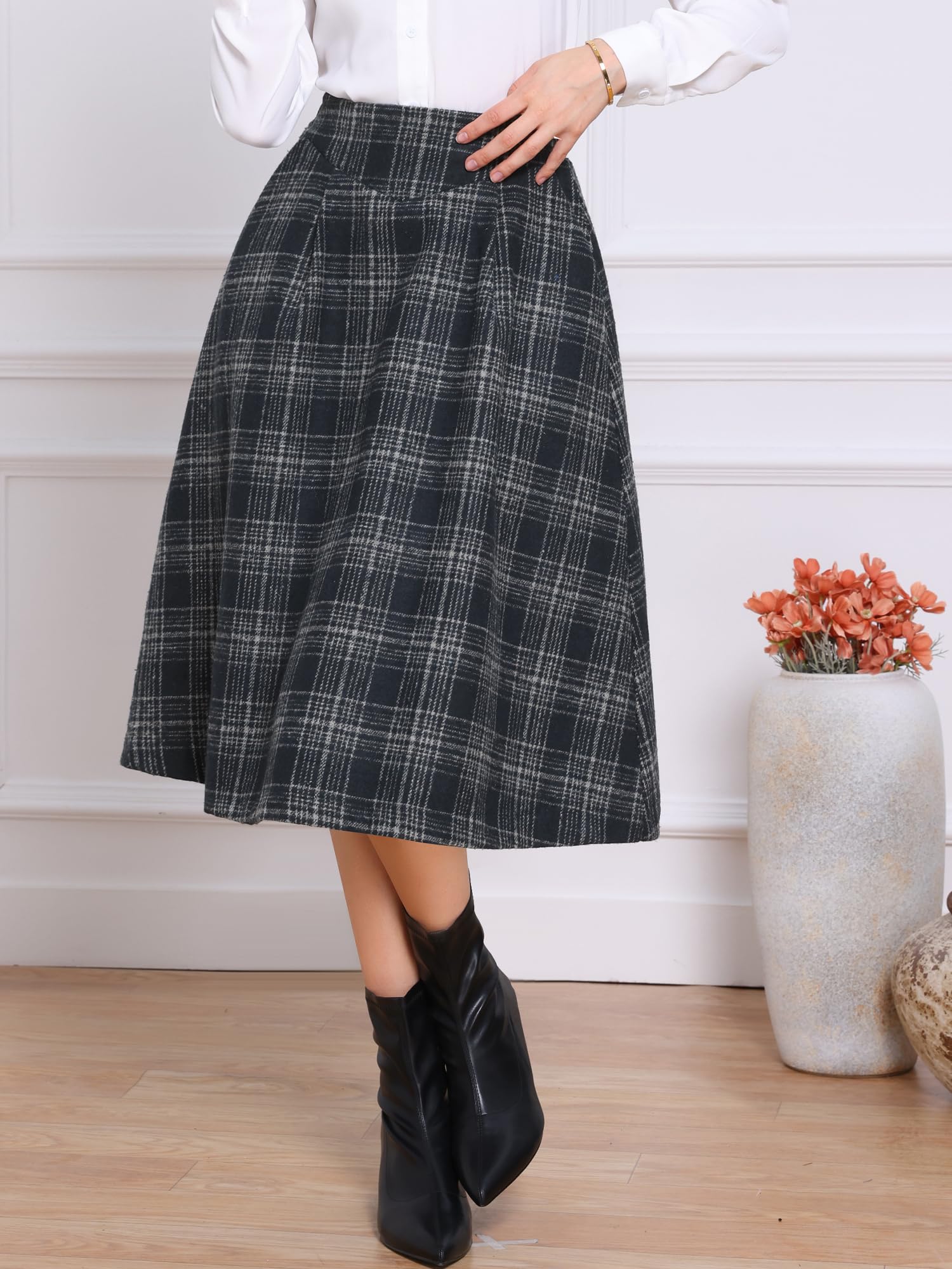 Allegra K Faldas a cuadros para mujer, estilo vintage, de tartán, de cintura alta, acampanada, con bolsillos