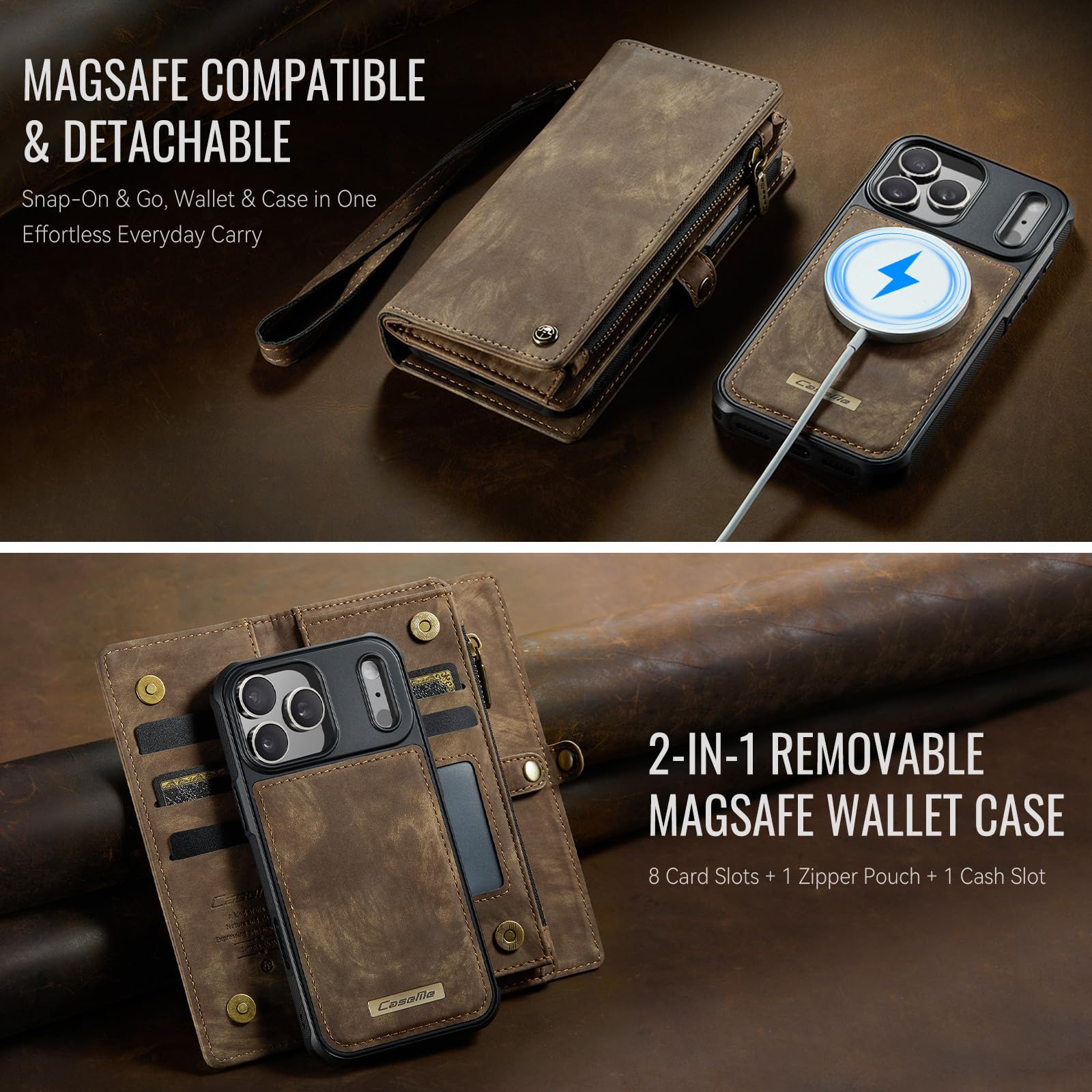 Etui portfelowe na iPhone'a 17 Pro, z 8 przegródkami na karty, magnetyczne zamknięcie, kieszeń na zamek błyskawiczny, odpinane magnetyczne etui 2 w 1, wysokiej jakości skóra PU, z paskiem na