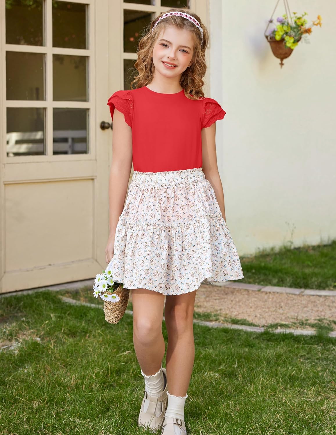 Arshiner Girls T Shirts Lace Petal Short Sleeves Kids Crewneck Casual Blouse Summer Tops Tees - Image 6