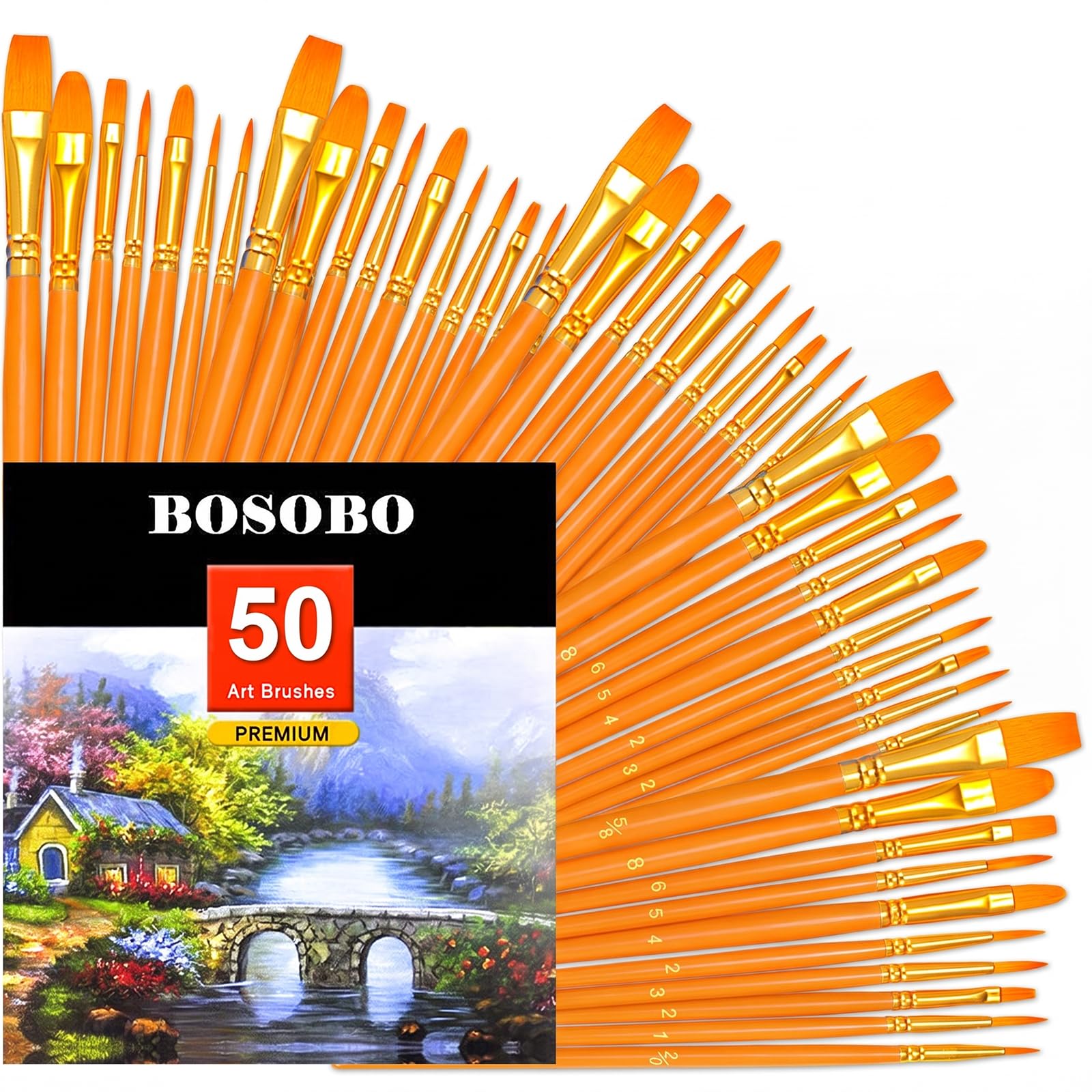 BOSOBO Assorted Nylon Acrylic Artist Paint Brushes Set,Orange,50 Pcs
