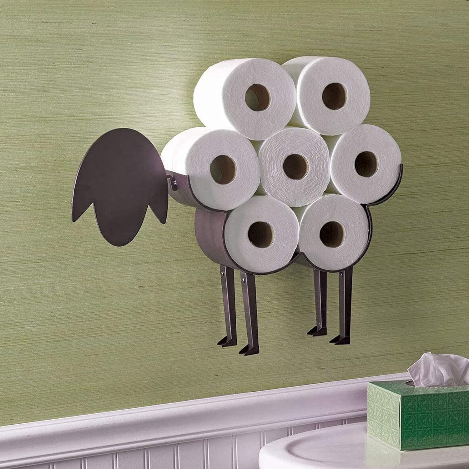 Sheep Toilet Paper Holder Stand Black Metal Bathroom Tissue Storage Free Standing Wall Mounted Shelf 8 Rolls Jumbo Novelty Waterproof Floor Wipes Shelves(Sheep)