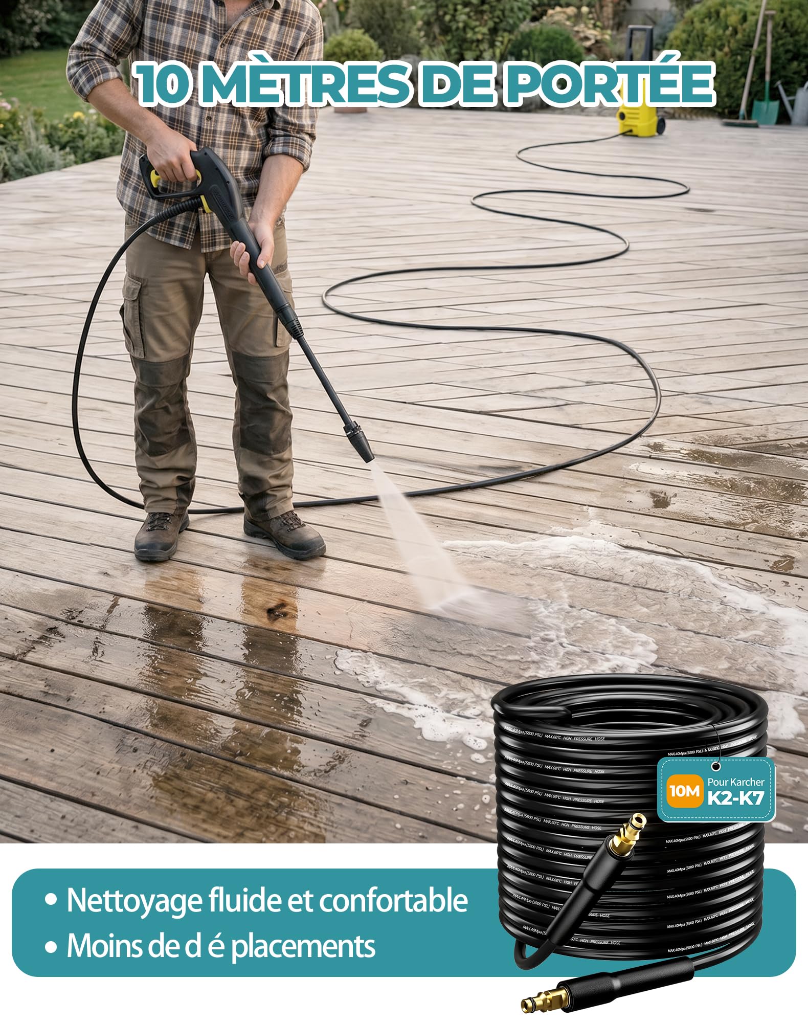 10M Tuyau pour Karcher K2 K3 K4 K5 K6 K7 Flexible pour Karcher Nettoyeur Haute Pression Pièces Détachées Rallonge Tuyau de Rechange