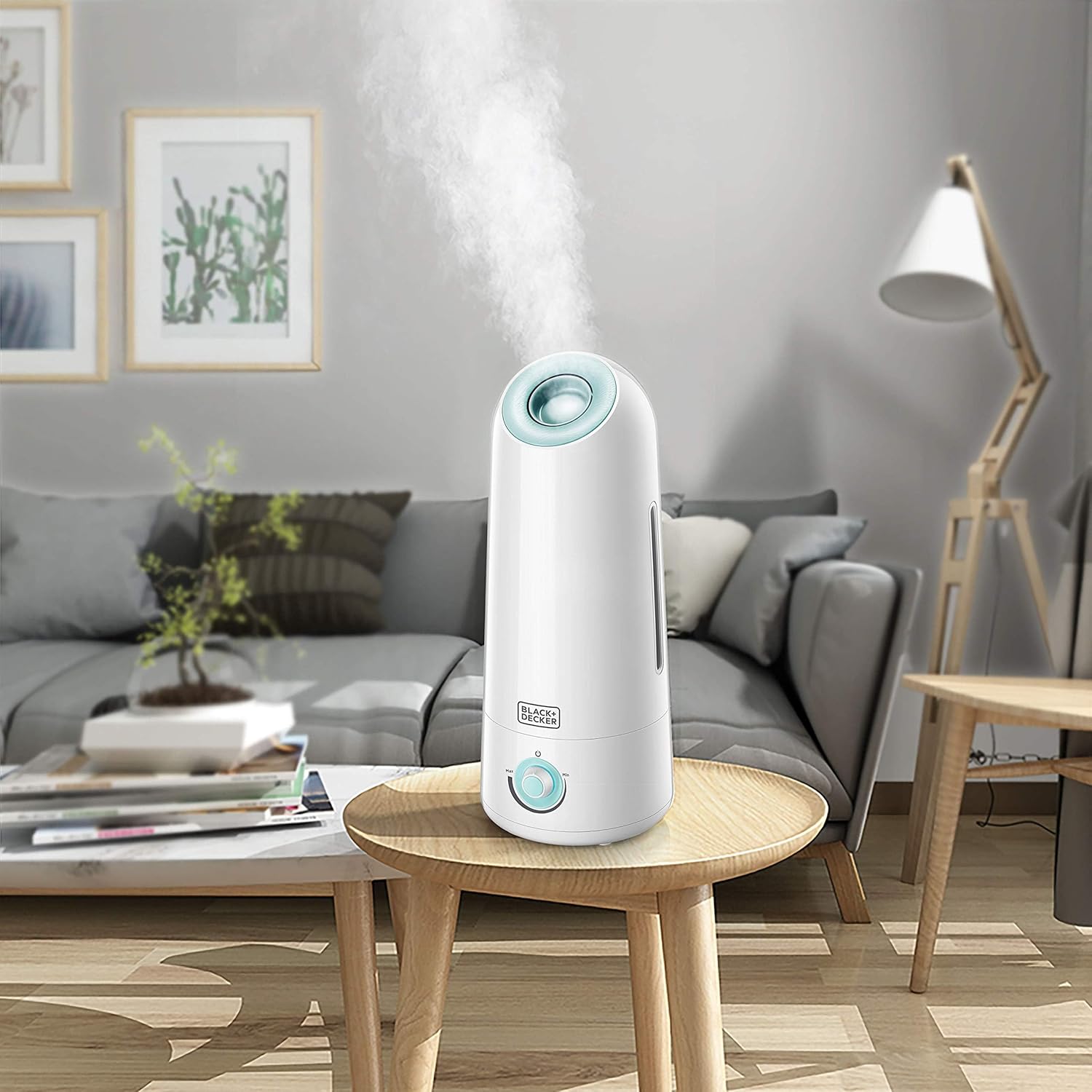Humidifier operating on a coffee table in a living room