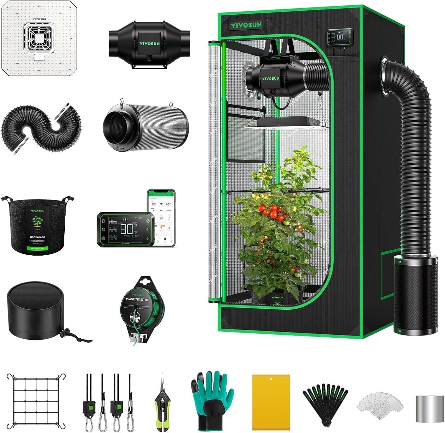 VIVOSUN Smart Grow Tent 60x60x120cm, Kit de Cultivo Interior con WiFi, Sistema Automático con Ventilación y Circulación, Lámpara LED 100W de Espectro Completo y Controlador GrowHub E42A