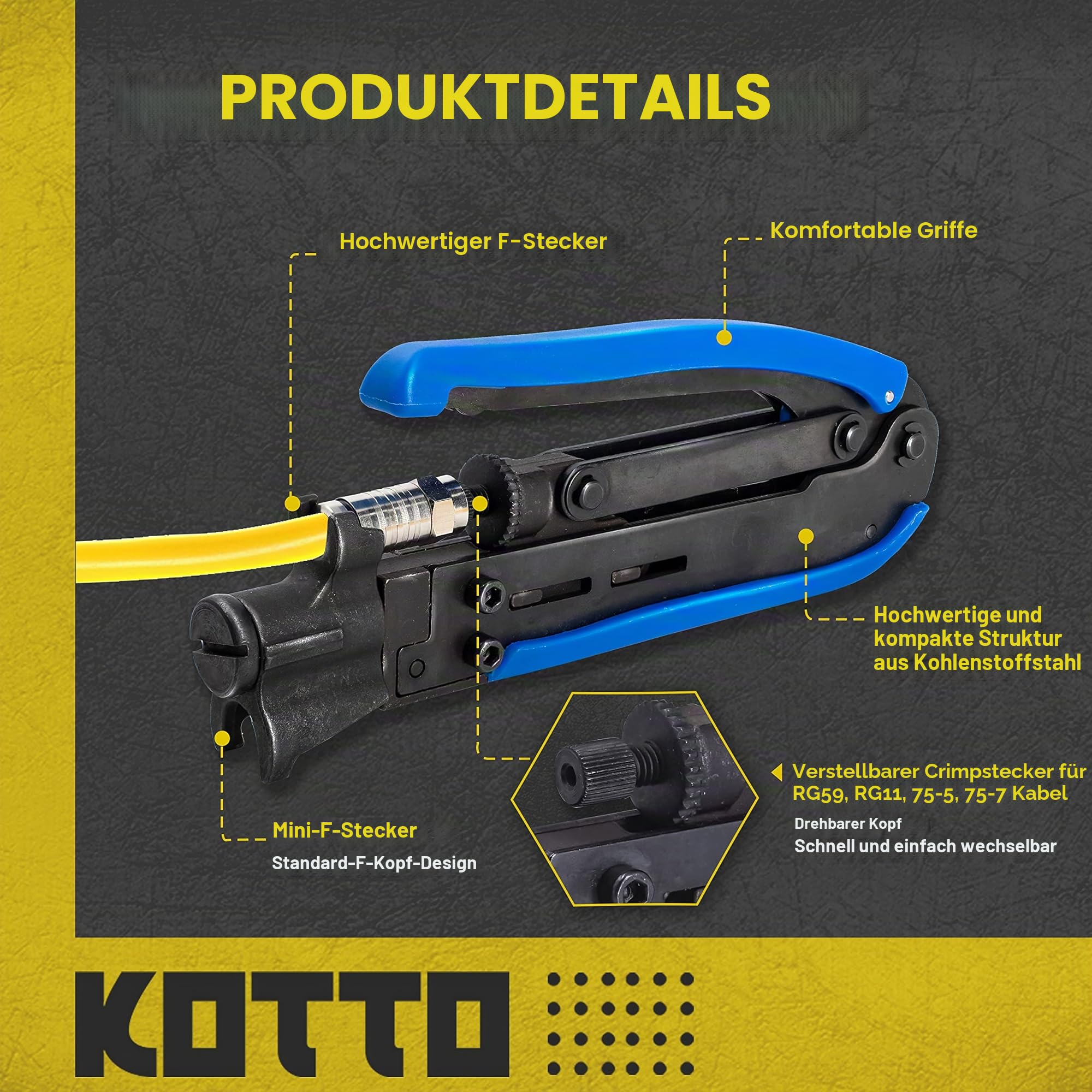 KOTTO Abisolierwerkzeug für Koaxialkabel Set Kompressionszange Abisolierzange, verstellbar RG6,RG59,RG11,75-5,75-7, mit 20 F-Kompressionssteckern, Kreuzschlitzschraubendreher, Lagerungstasche