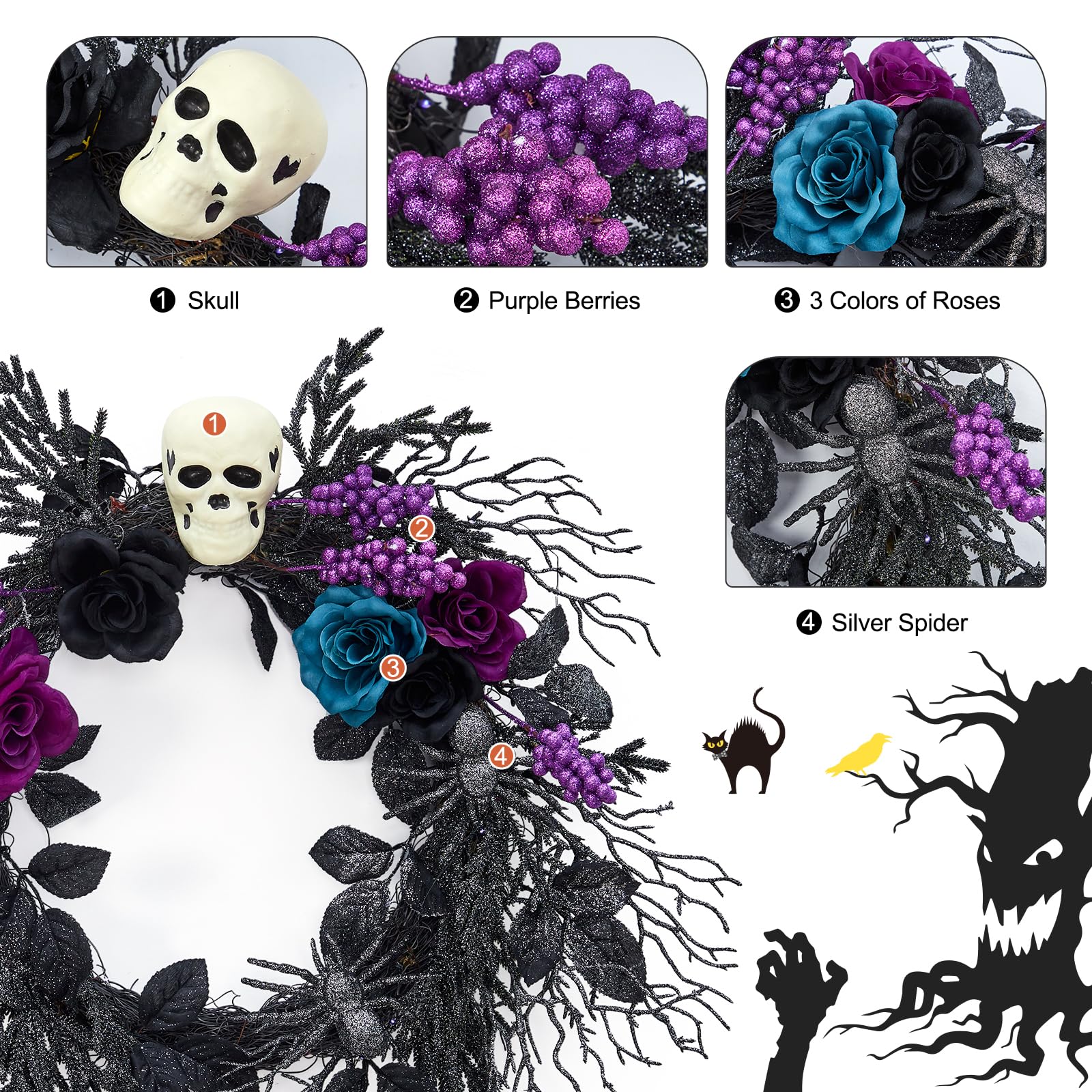 GarveeLife Wieniec z czaszką na Halloween na drzwi wejściowe ze światłami, 50 cm, wstępnie oświetlony, czarny, fioletowy, różany pająk, gotycka girlanda, przerażająca dekoracja, do domu, na ścianę,