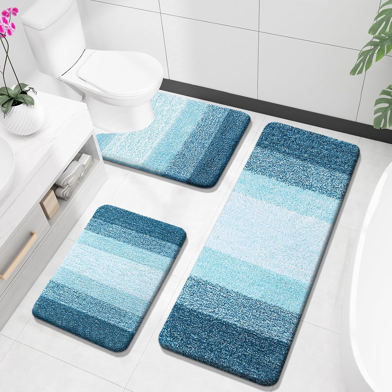 OLANLY Bathroom Rugs Sets 3 Piece, Soft Absorbent Microfiber Bath Mats and U-Shaped Contour Toilet Rug, Plush Shaggy Bath Mat Set for Bathroom (47"x20"+24"x16"+24"x20", Peacock Blue) 47" x 20" + 24" x 16" + U Shape 24" x 20" Peacock Blue